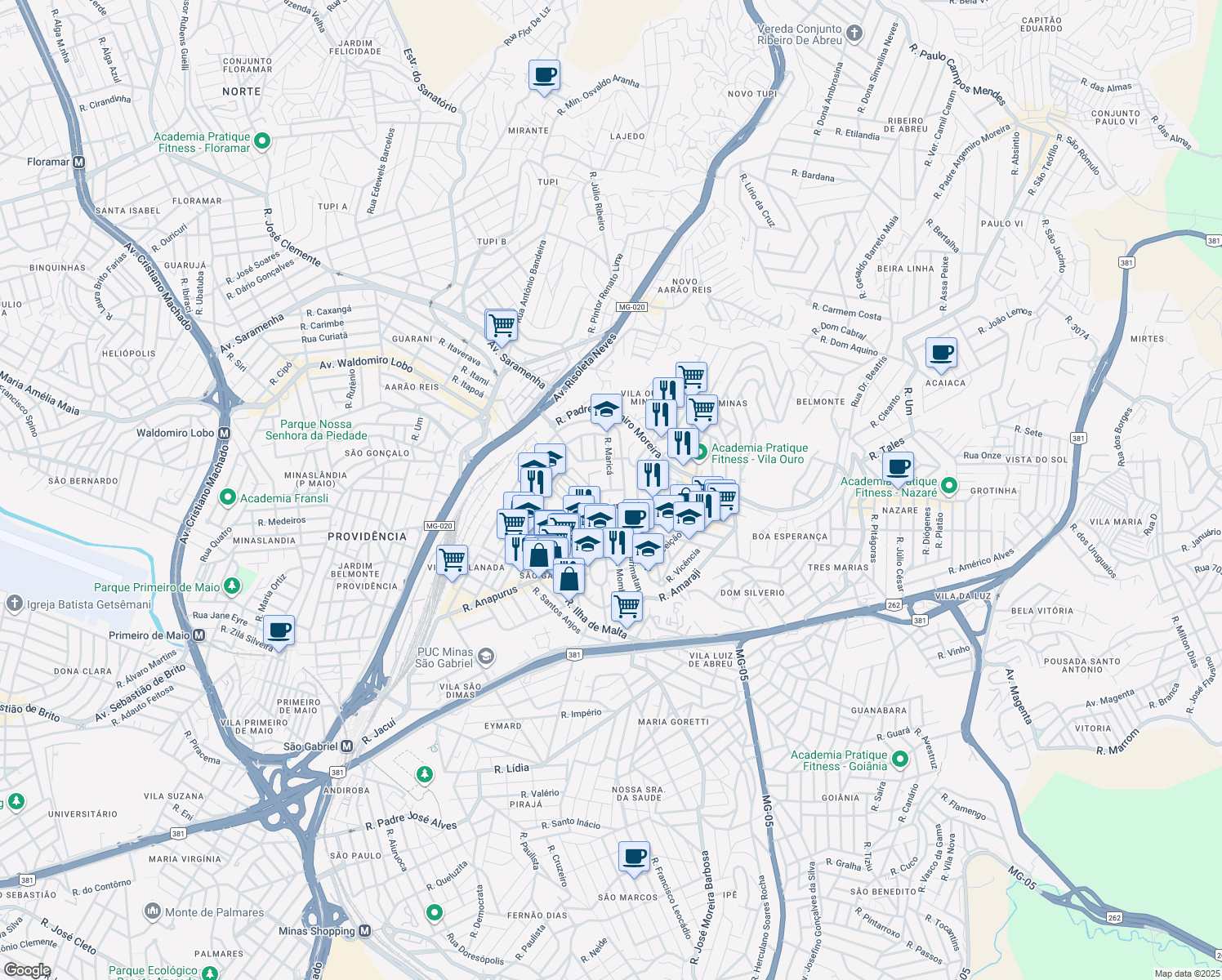 map of restaurants, bars, coffee shops, grocery stores, and more near 29 Rua Maricá in Belo Horizonte