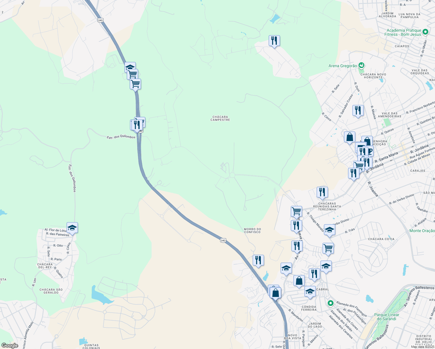 map of restaurants, bars, coffee shops, grocery stores, and more near Rua das Contendas in Contagem