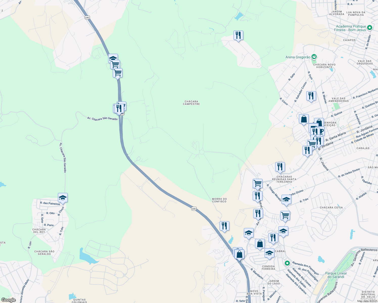 map of restaurants, bars, coffee shops, grocery stores, and more near Rua das Contendas in Contagem