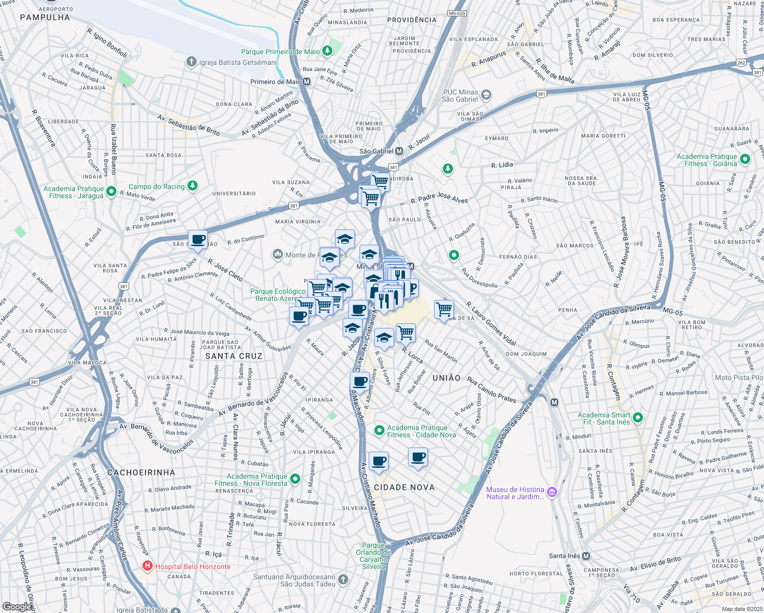 map of restaurants, bars, coffee shops, grocery stores, and more near 4000 Avenida Cristiano Machado in Belo Horizonte