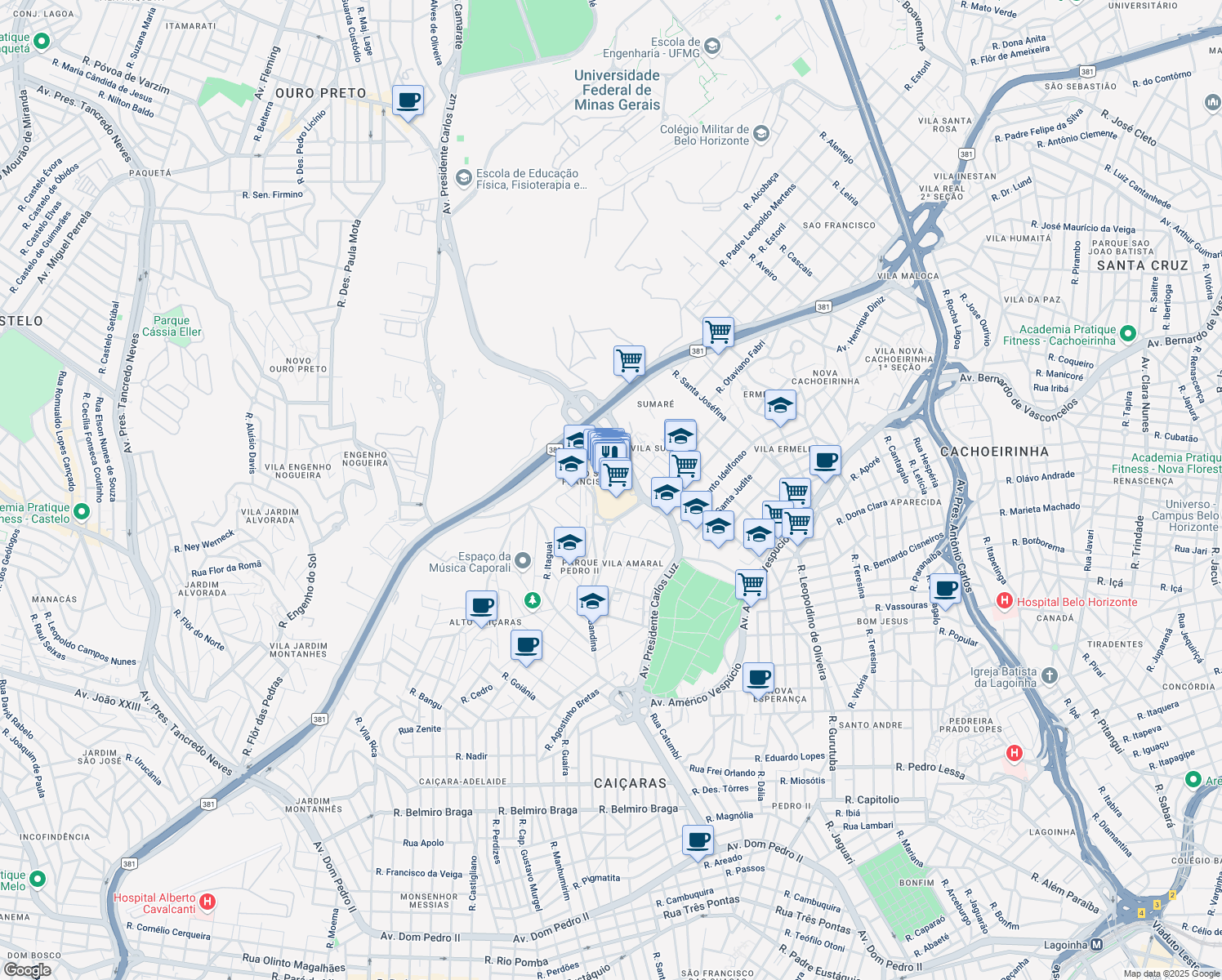 map of restaurants, bars, coffee shops, grocery stores, and more near 3001 Avenida Presidente Carlos Luz in Belo Horizonte