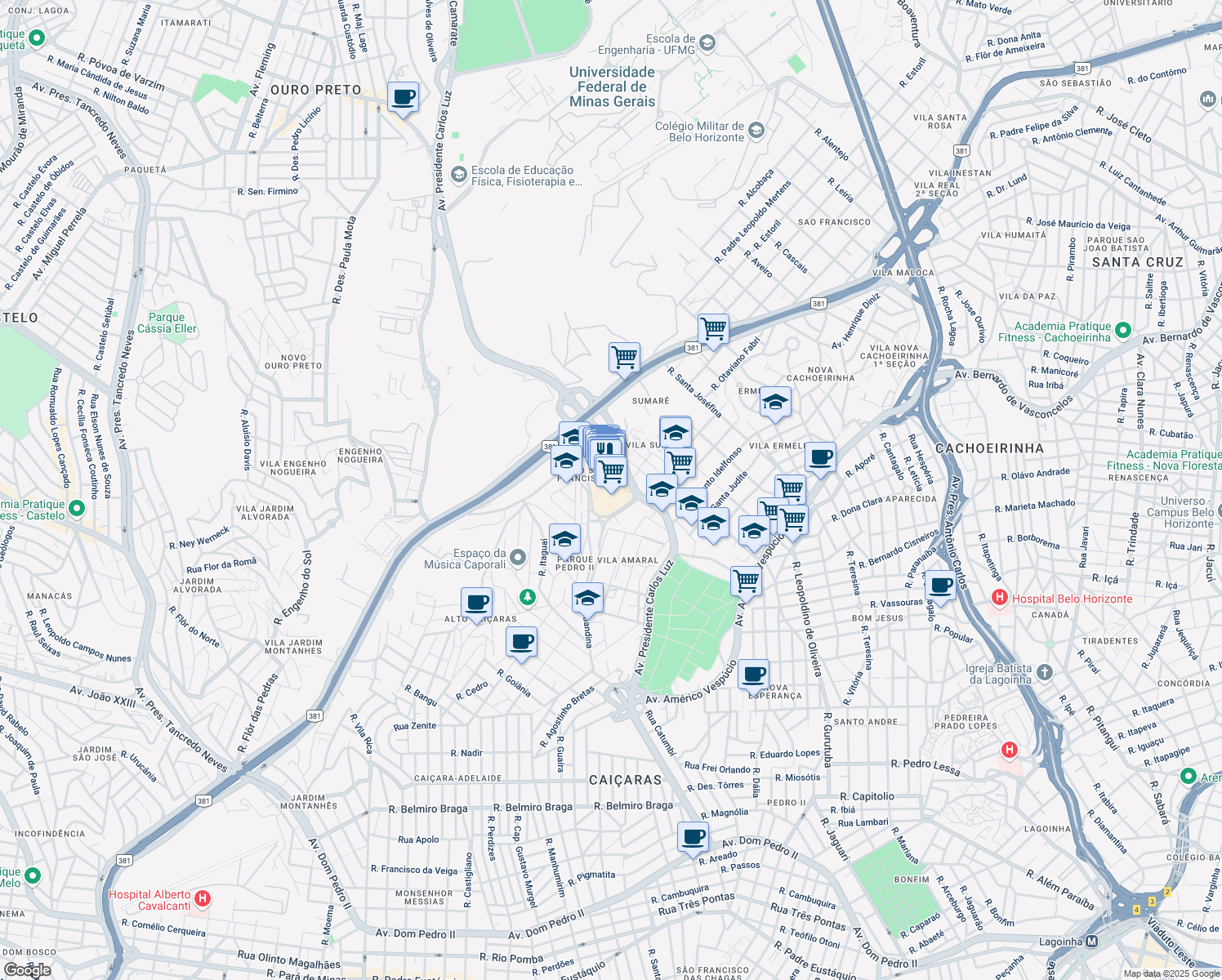 map of restaurants, bars, coffee shops, grocery stores, and more near 3001 Avenida Presidente Carlos Luz in Belo Horizonte