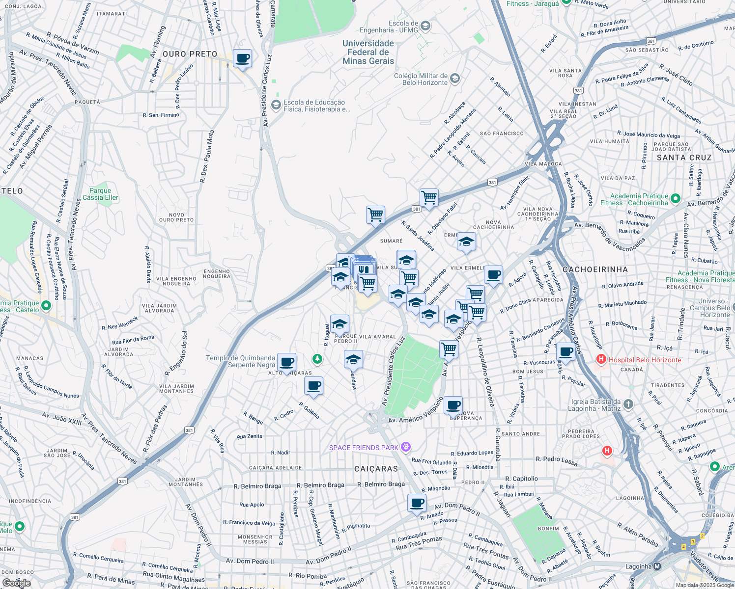 map of restaurants, bars, coffee shops, grocery stores, and more near 3001 Avenida Presidente Carlos Luz in Belo Horizonte
