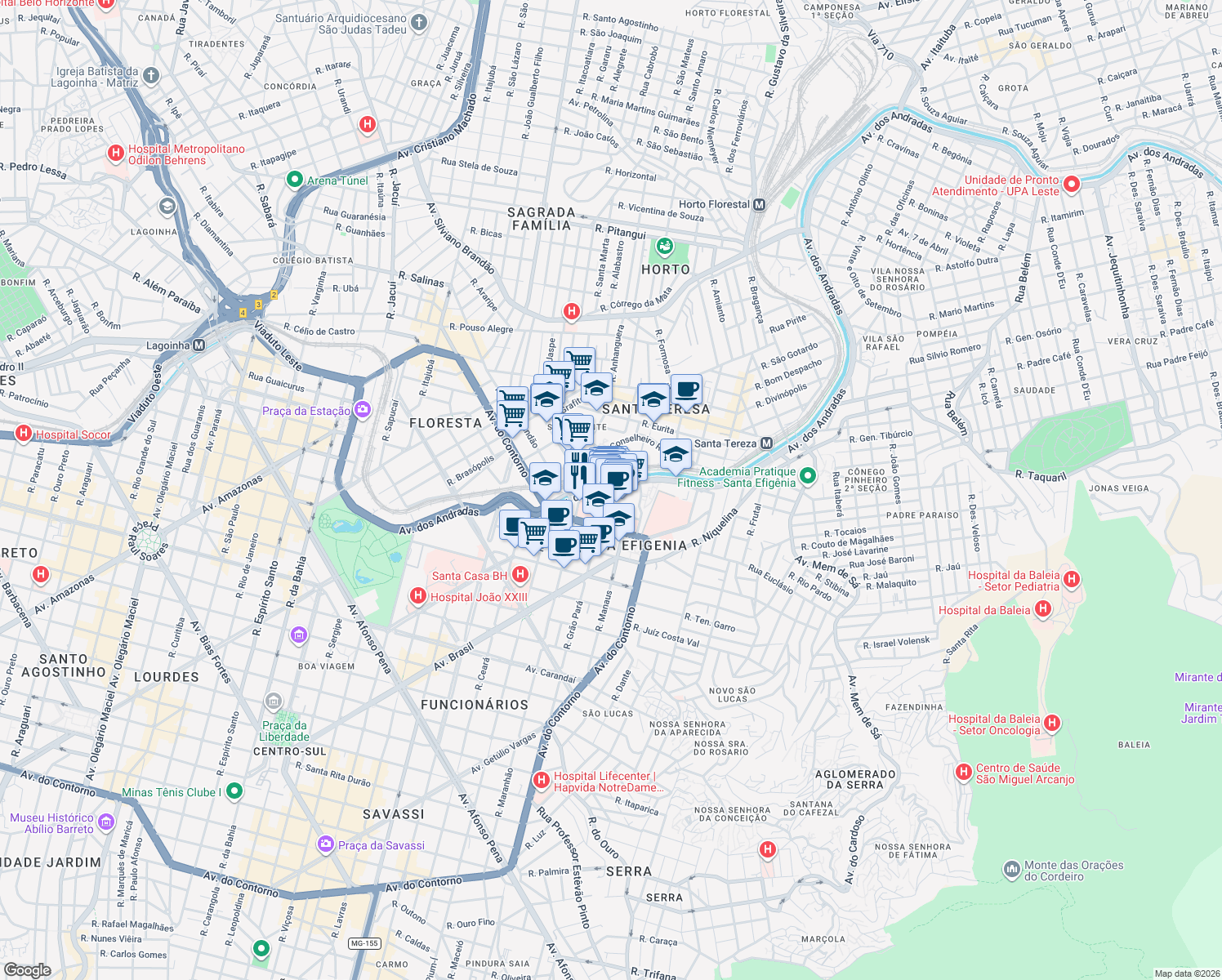 map of restaurants, bars, coffee shops, grocery stores, and more near 3000 Avenida dos Andradas in Belo Horizonte