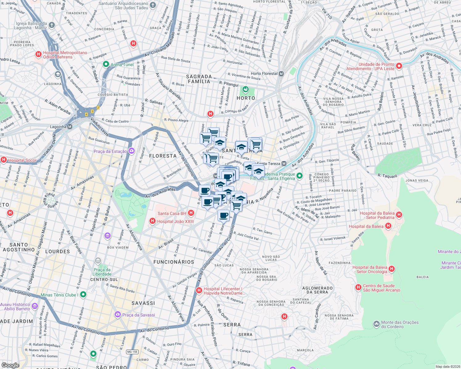 map of restaurants, bars, coffee shops, grocery stores, and more near 3000 Avenida dos Andradas in Belo Horizonte