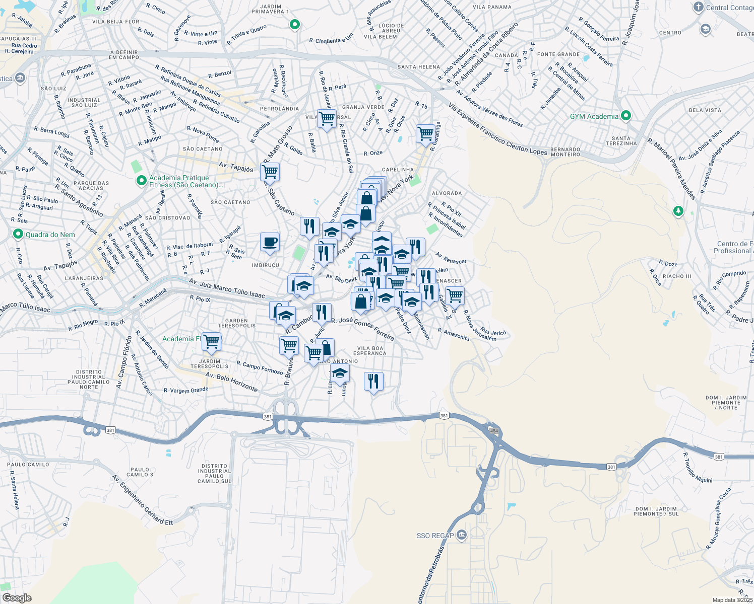 map of restaurants, bars, coffee shops, grocery stores, and more near in Betim