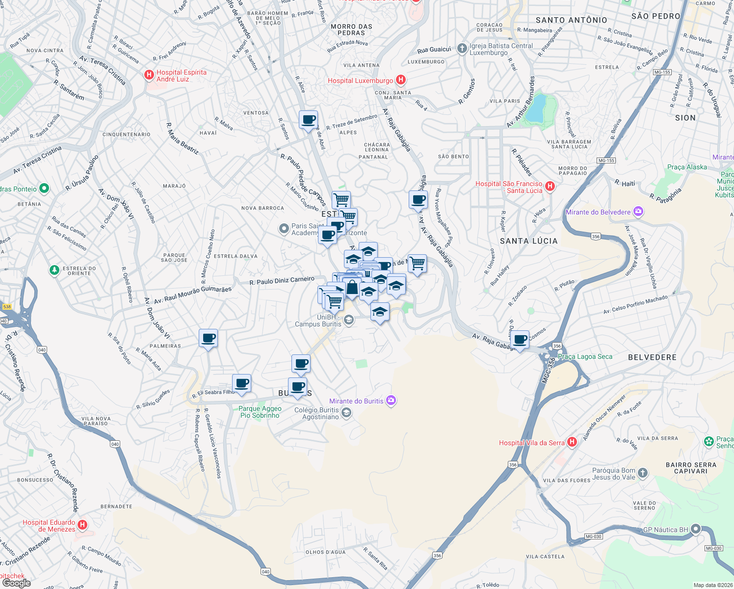 map of restaurants, bars, coffee shops, grocery stores, and more near 1080 Avenida Professor Mário Werneck in Belo Horizonte