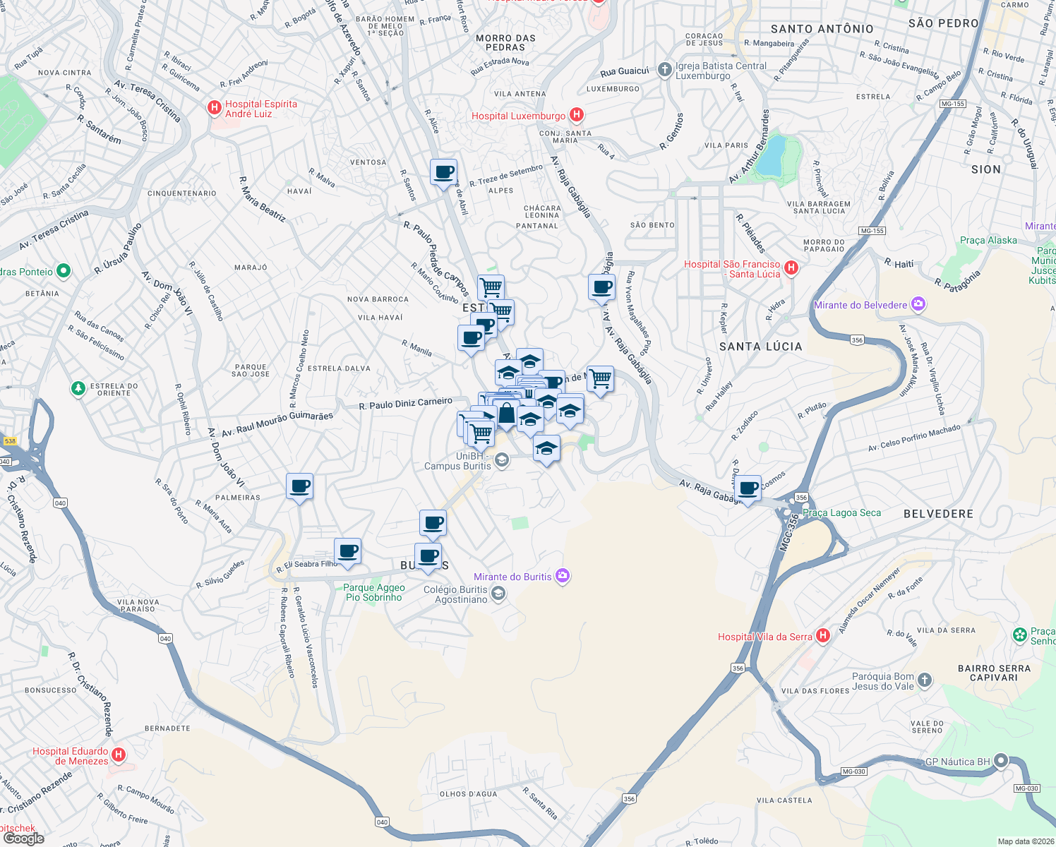 map of restaurants, bars, coffee shops, grocery stores, and more near 1080 Avenida Professor Mário Werneck in Belo Horizonte