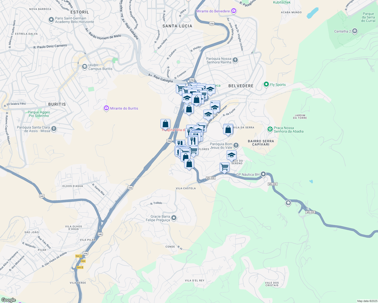 map of restaurants, bars, coffee shops, grocery stores, and more near 132 Alameda Oscar Niemeyer in Nova Lima