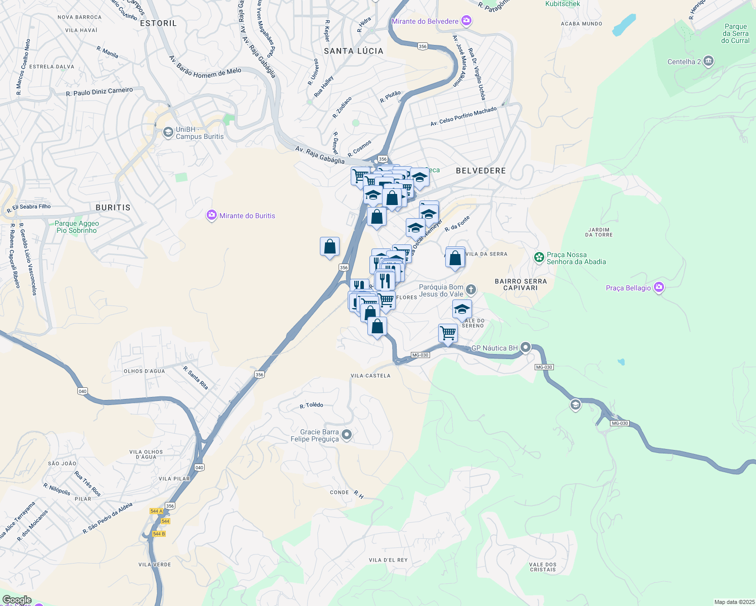 map of restaurants, bars, coffee shops, grocery stores, and more near 132 Alameda Oscar Niemeyer in Nova Lima