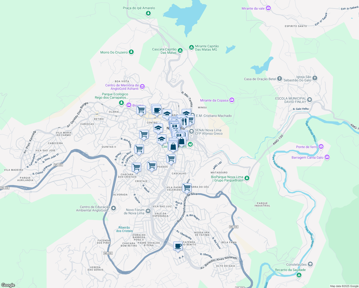 map of restaurants, bars, coffee shops, grocery stores, and more near São Sebastião das Águas Claras in Nova Lima