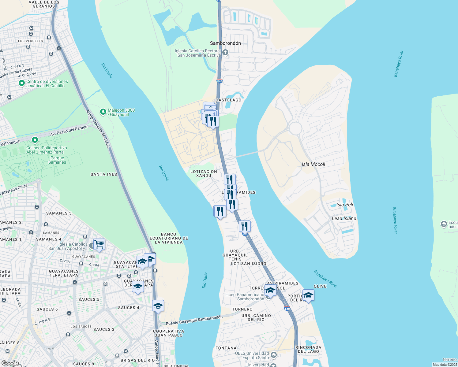 map of restaurants, bars, coffee shops, grocery stores, and more near Avenida Sur in Samborondón