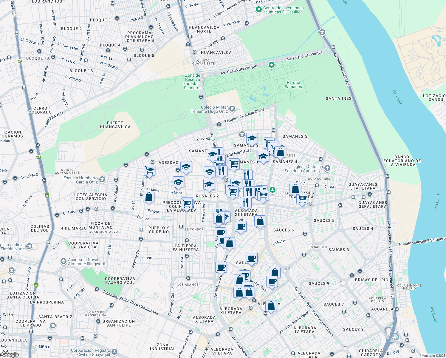 map of restaurants, bars, coffee shops, grocery stores, and more near Avenida Francisco de Orellana in Guayaquil