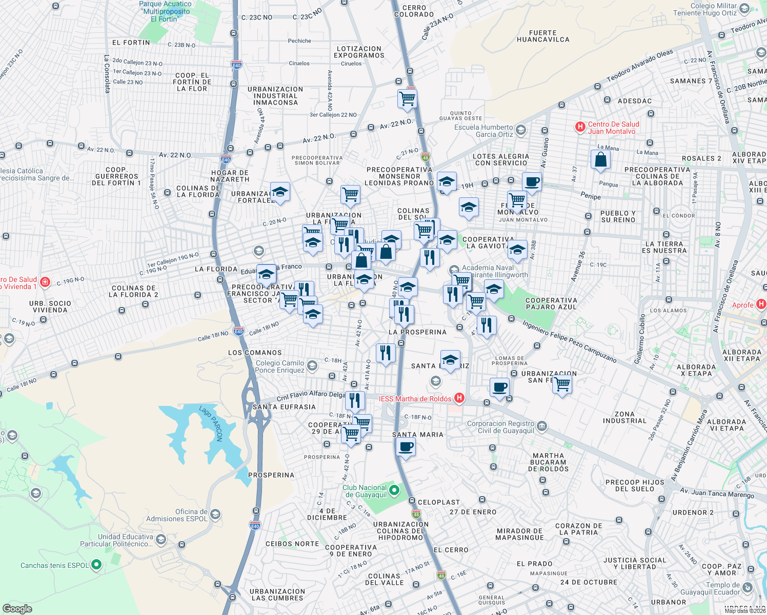map of restaurants, bars, coffee shops, grocery stores, and more near Avenida 41 NO in Guayaquil