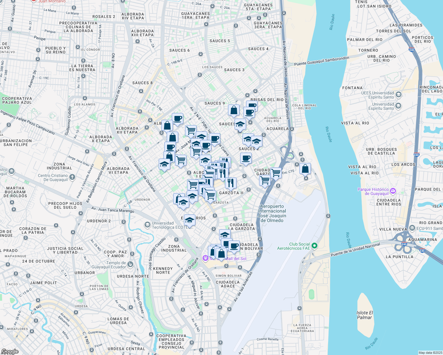 map of restaurants, bars, coffee shops, grocery stores, and more near Avenida Agustín Freire Icaza in Guayaquil
