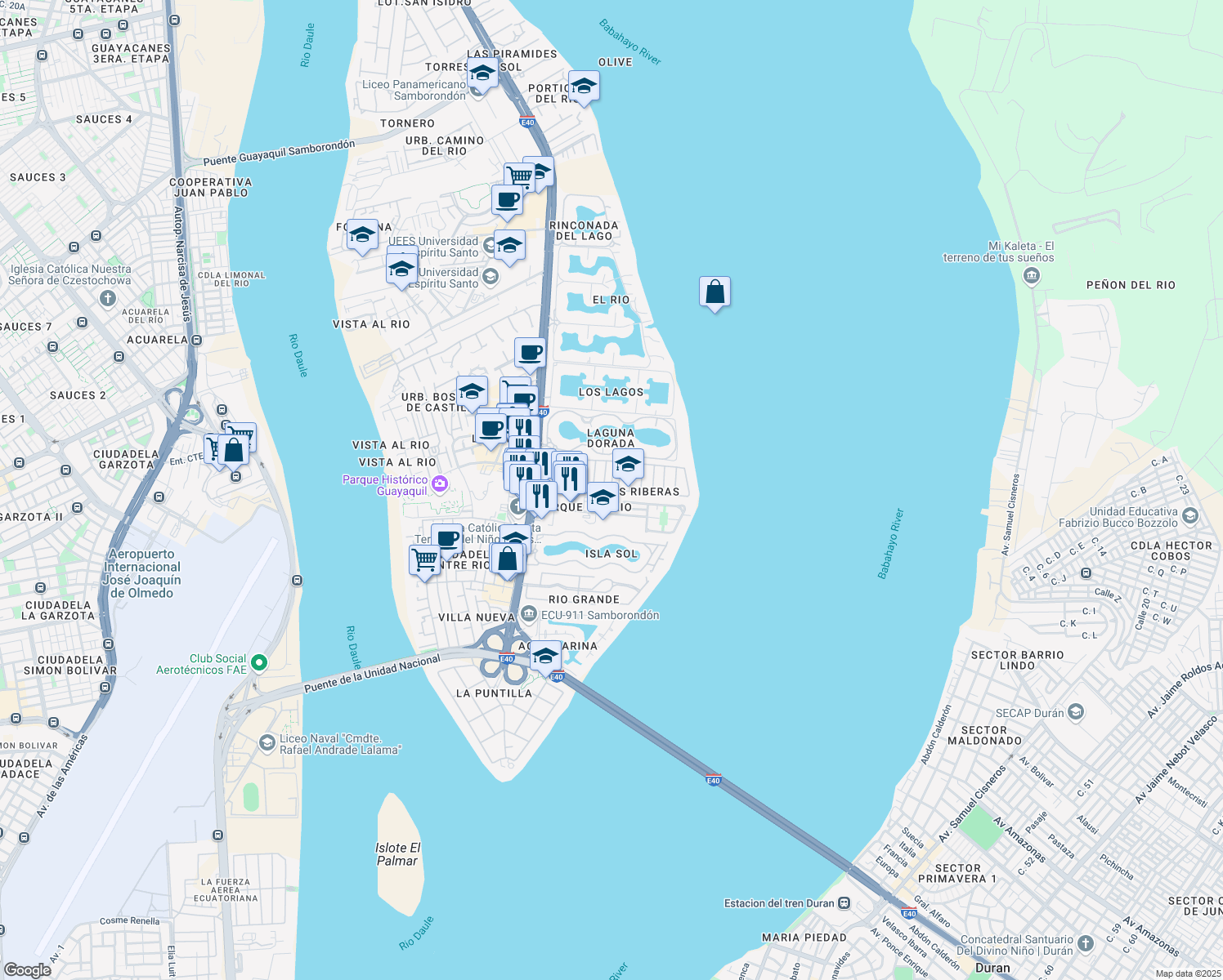map of restaurants, bars, coffee shops, grocery stores, and more near Avenida Sur in Samborondón