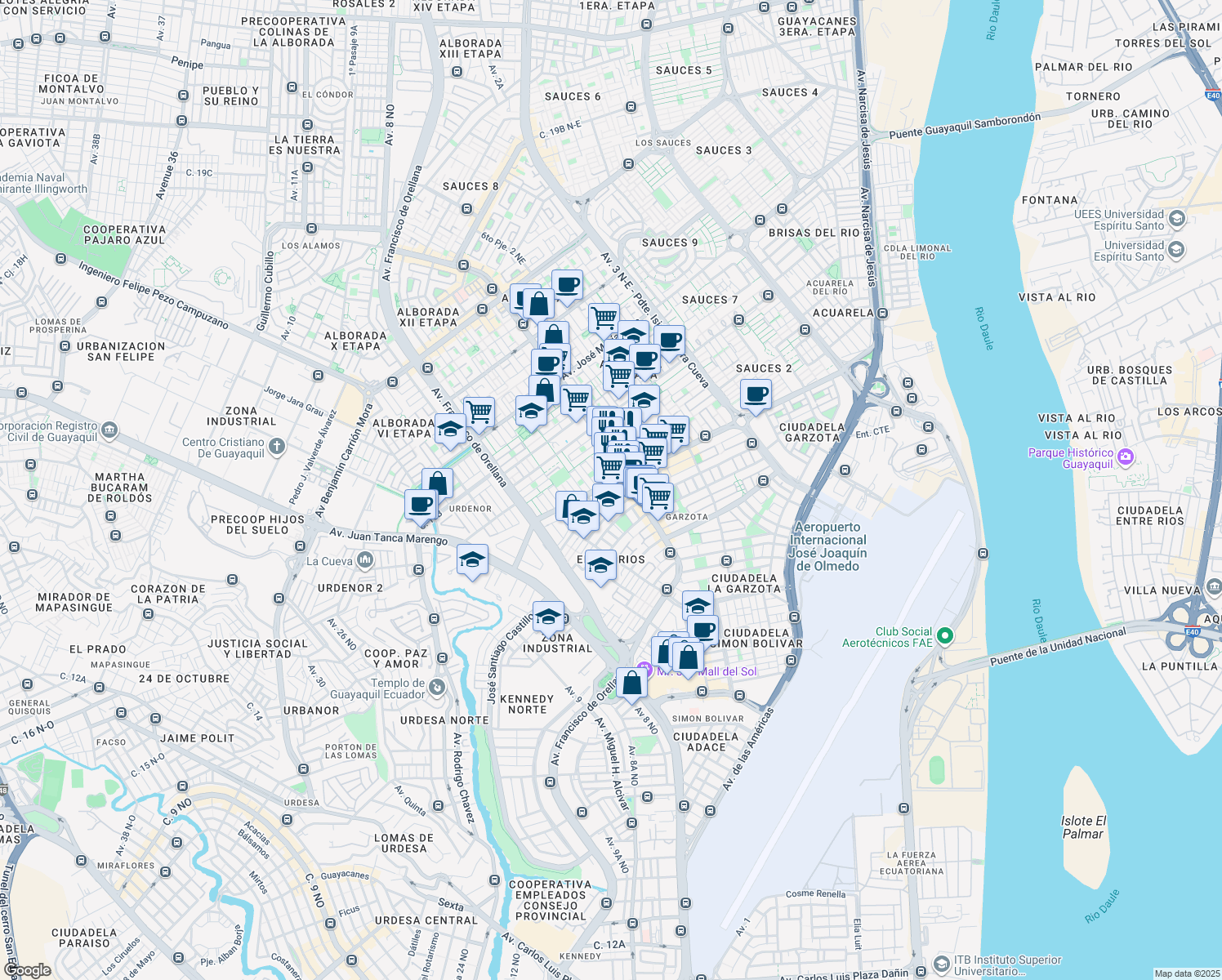 map of restaurants, bars, coffee shops, grocery stores, and more near Avenida Agustín Freire Icaza in Guayaquil