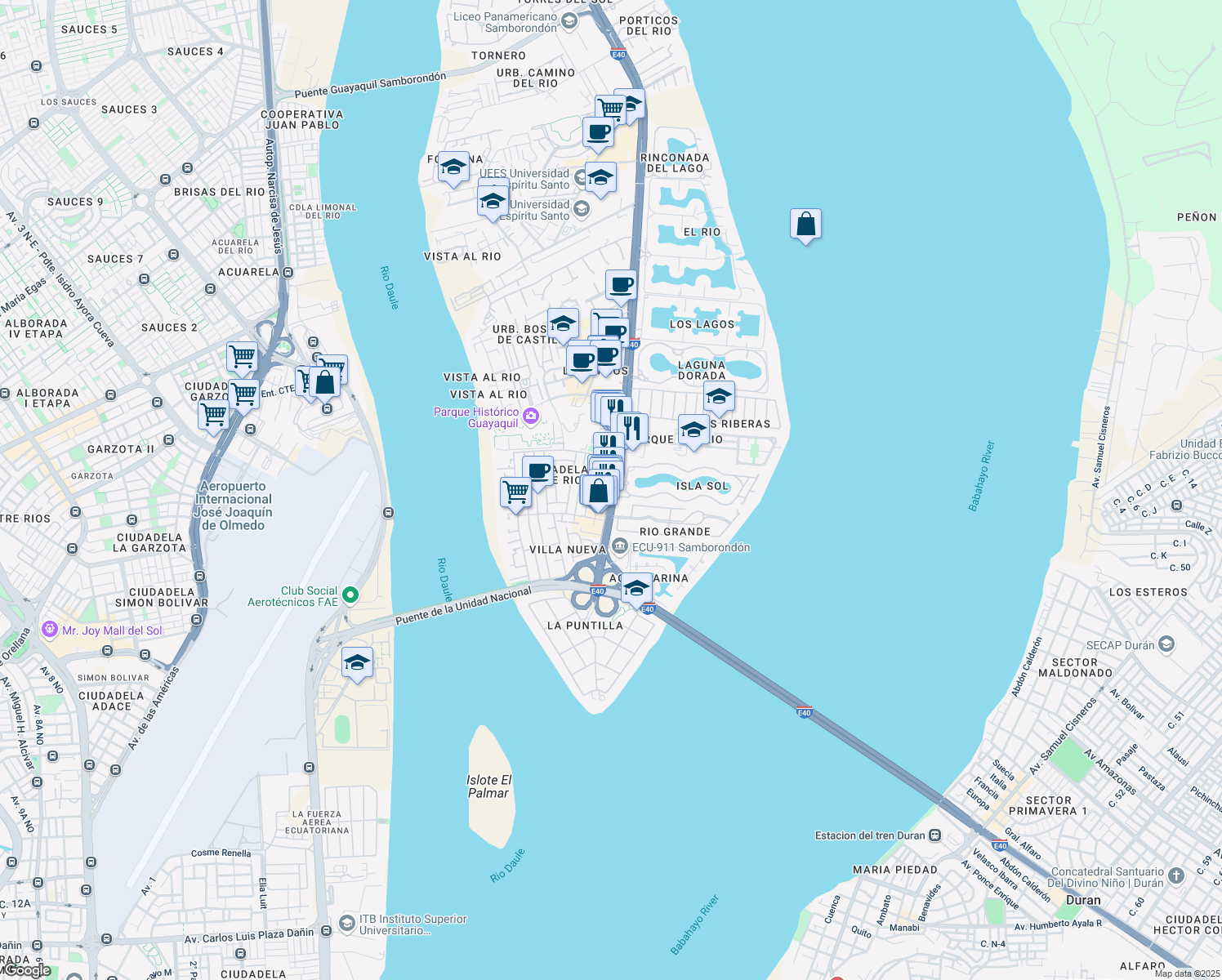 map of restaurants, bars, coffee shops, grocery stores, and more near Avenida Principal de Entre Rios in Samborondón