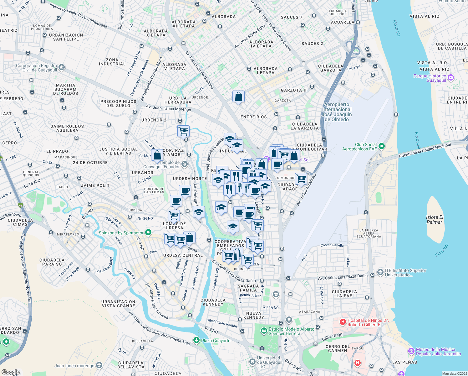 map of restaurants, bars, coffee shops, grocery stores, and more near Avenida Francisco de Orellana in Guayaquil