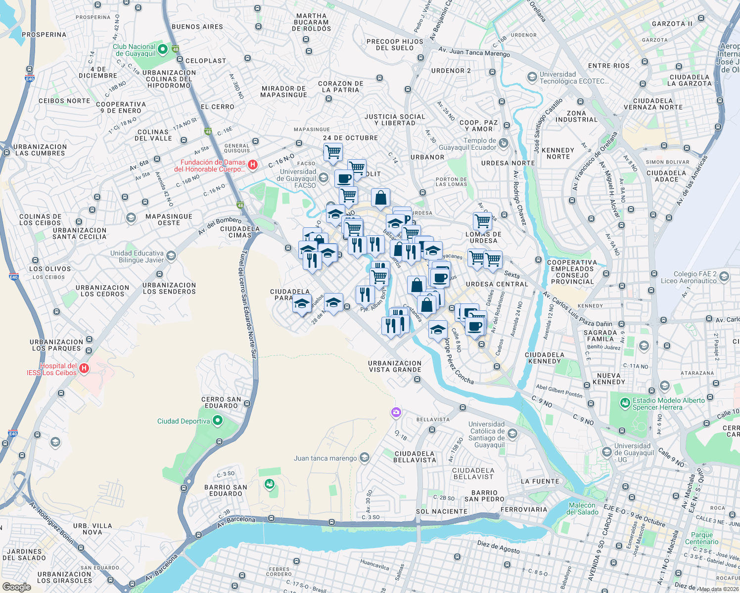 map of restaurants, bars, coffee shops, grocery stores, and more near Avenida 41 NO in Guayaquil