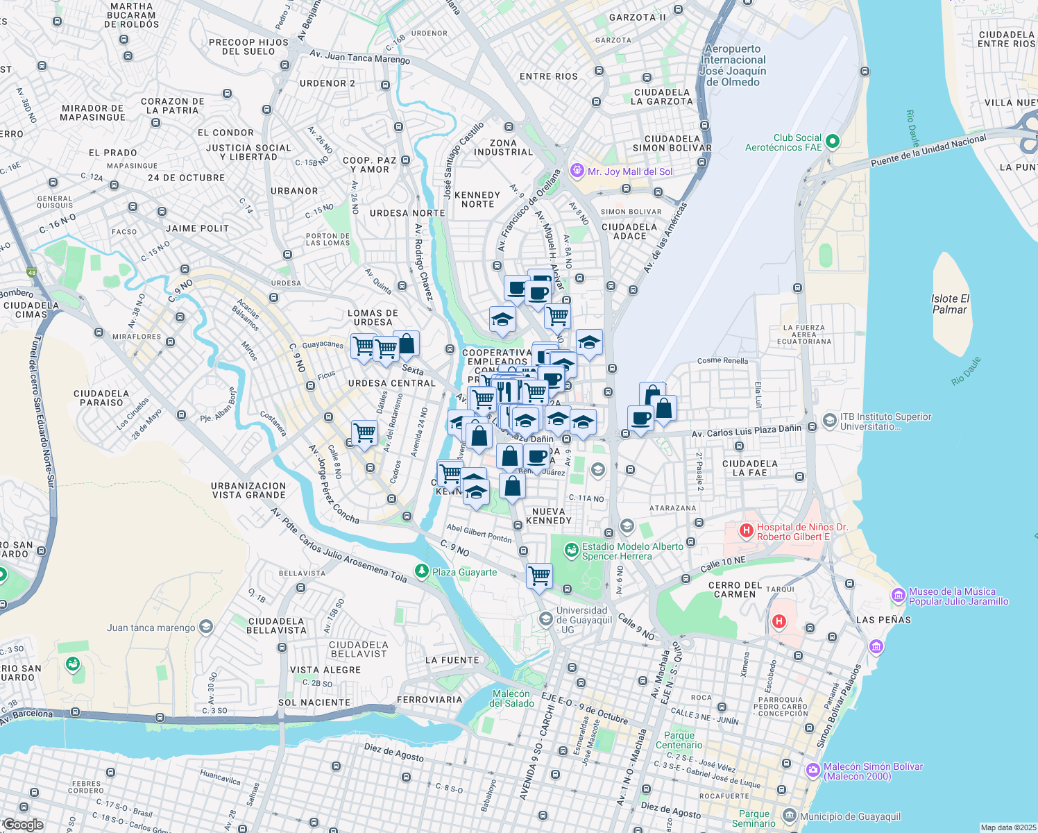 map of restaurants, bars, coffee shops, grocery stores, and more near Avenida Francisco de Orellana in Guayaquil