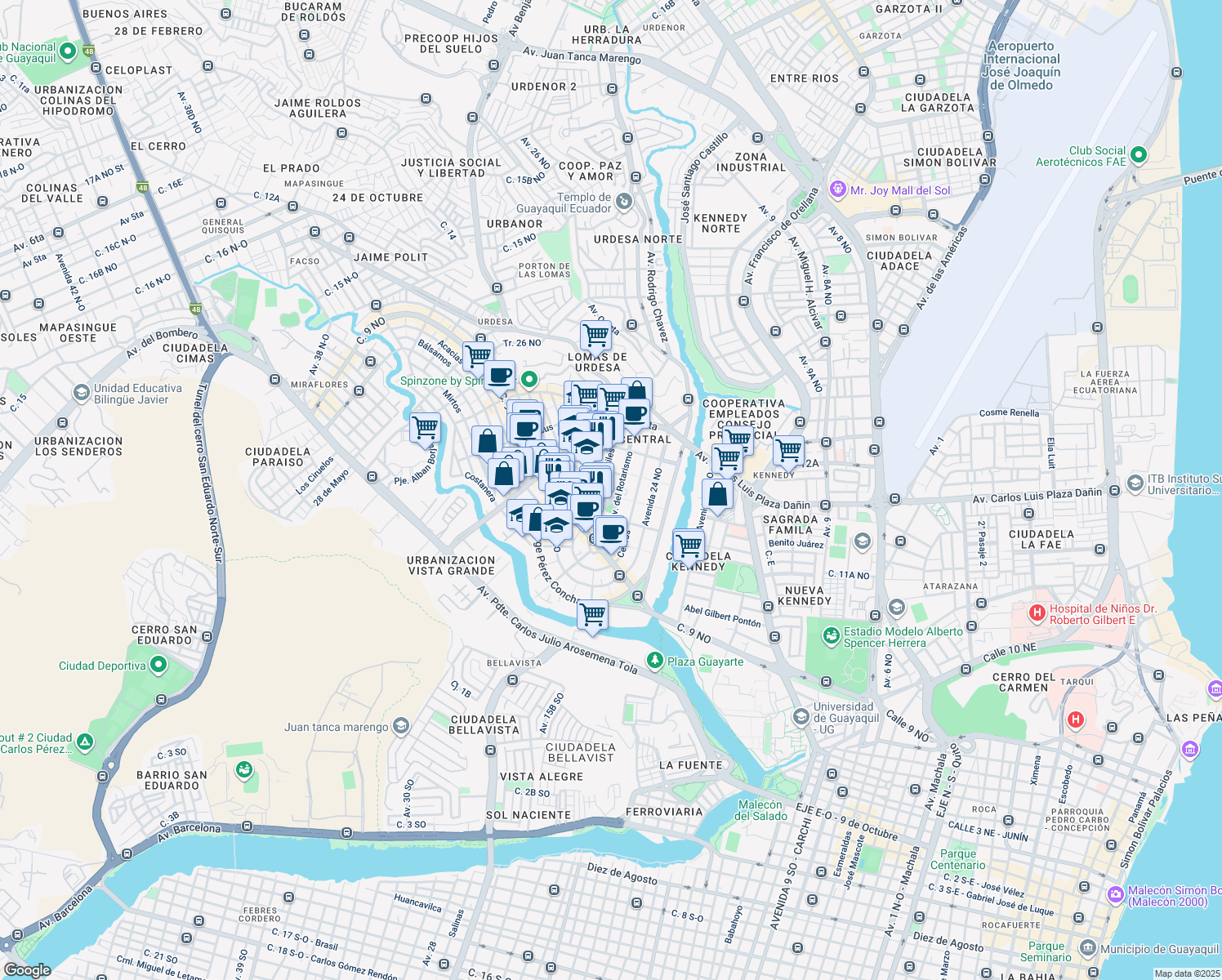 map of restaurants, bars, coffee shops, grocery stores, and more near in Guayaquil