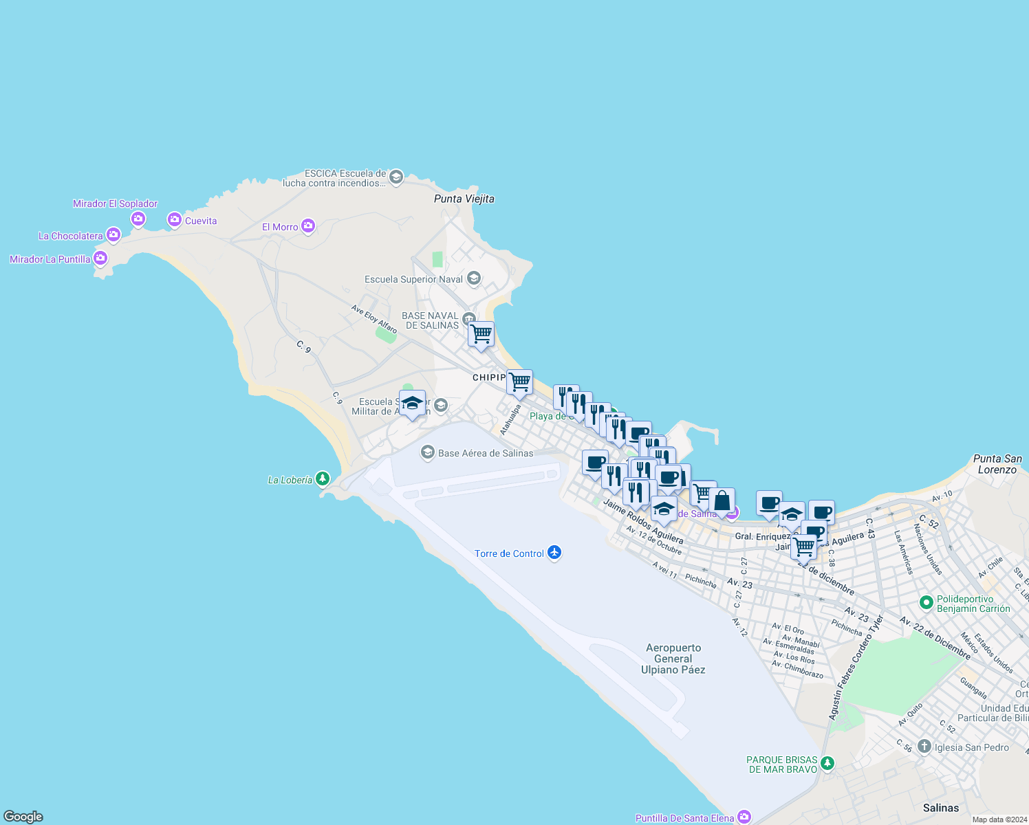 map of restaurants, bars, coffee shops, grocery stores, and more near Atahualpa in Salinas