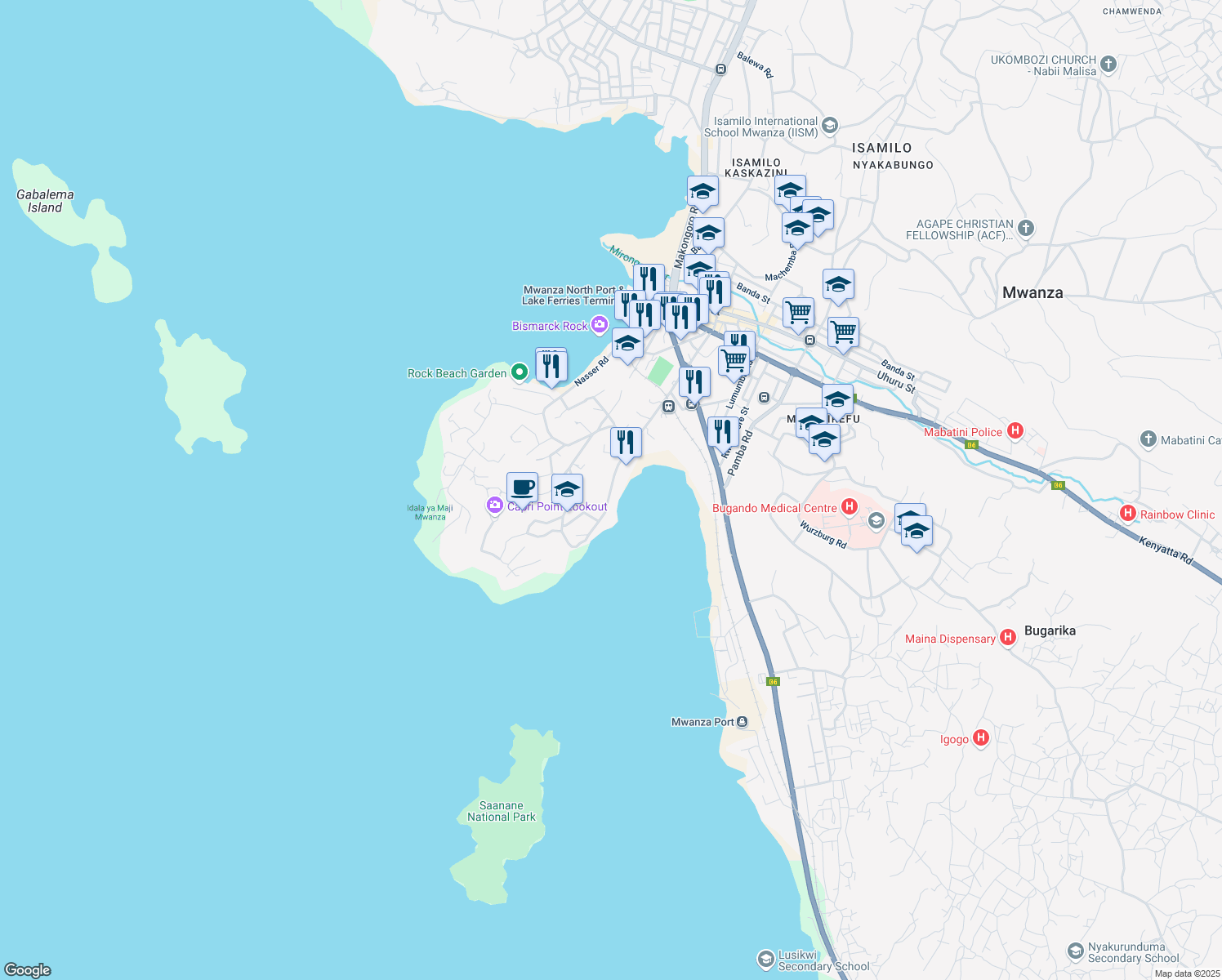 map of restaurants, bars, coffee shops, grocery stores, and more near Capri Point Road in Mwanza