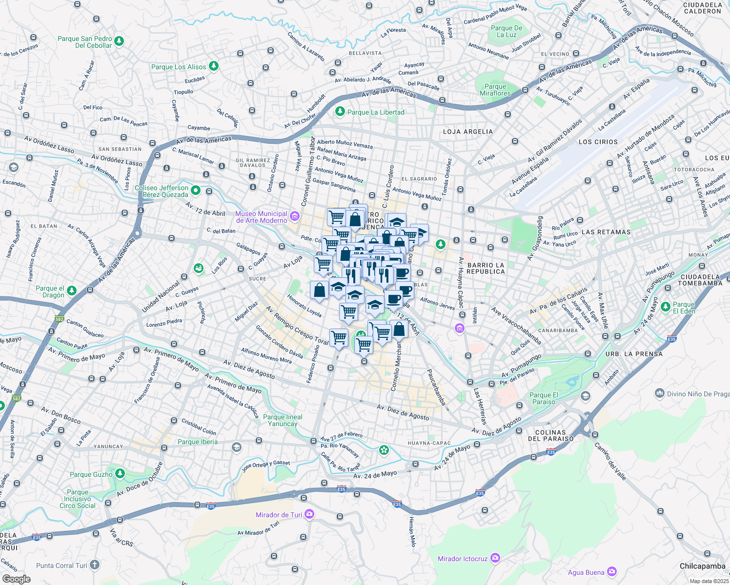 map of restaurants, bars, coffee shops, grocery stores, and more near Avenida 12 de Abril in Cuenca