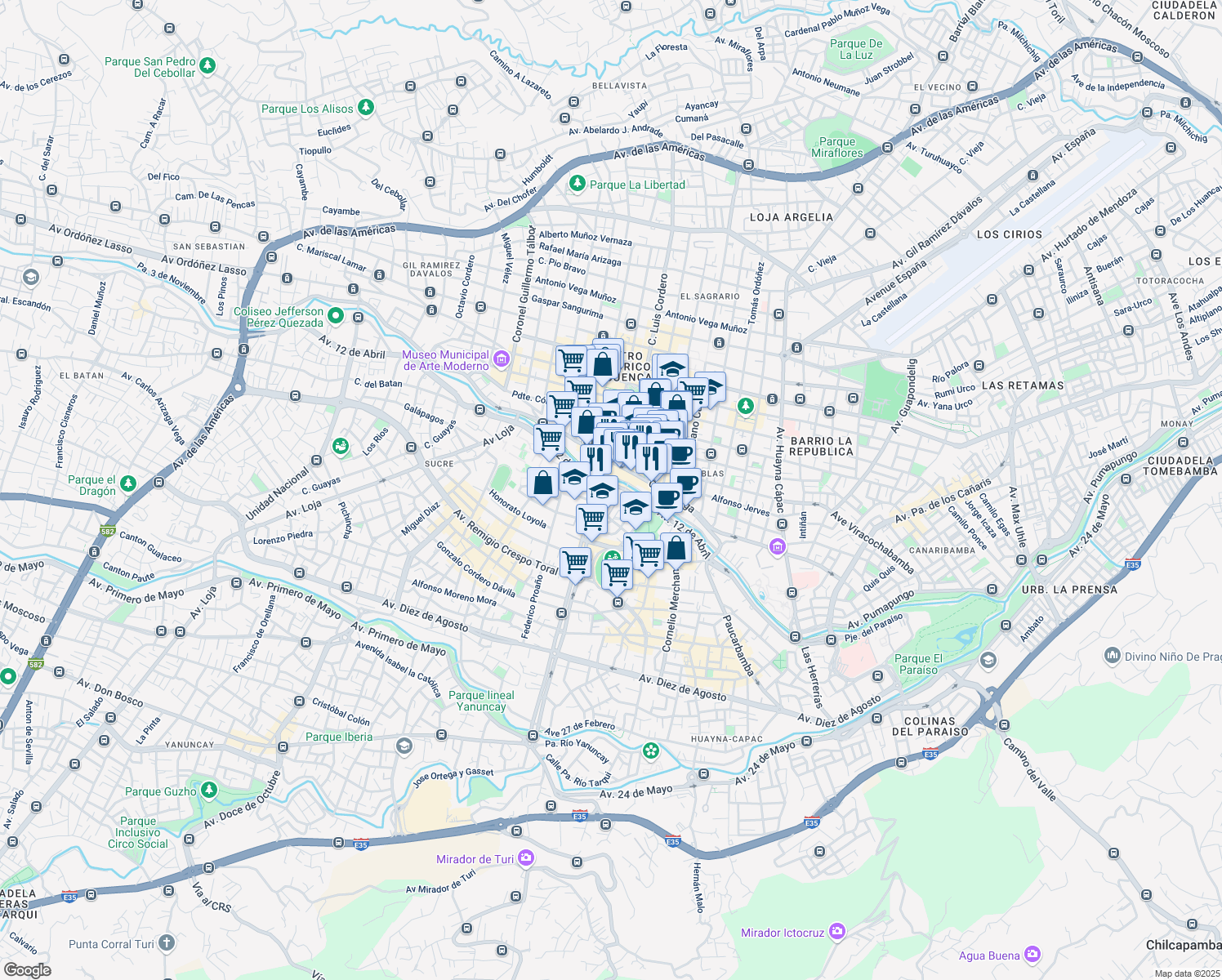 map of restaurants, bars, coffee shops, grocery stores, and more near Avenida 12 de Abril in Cuenca