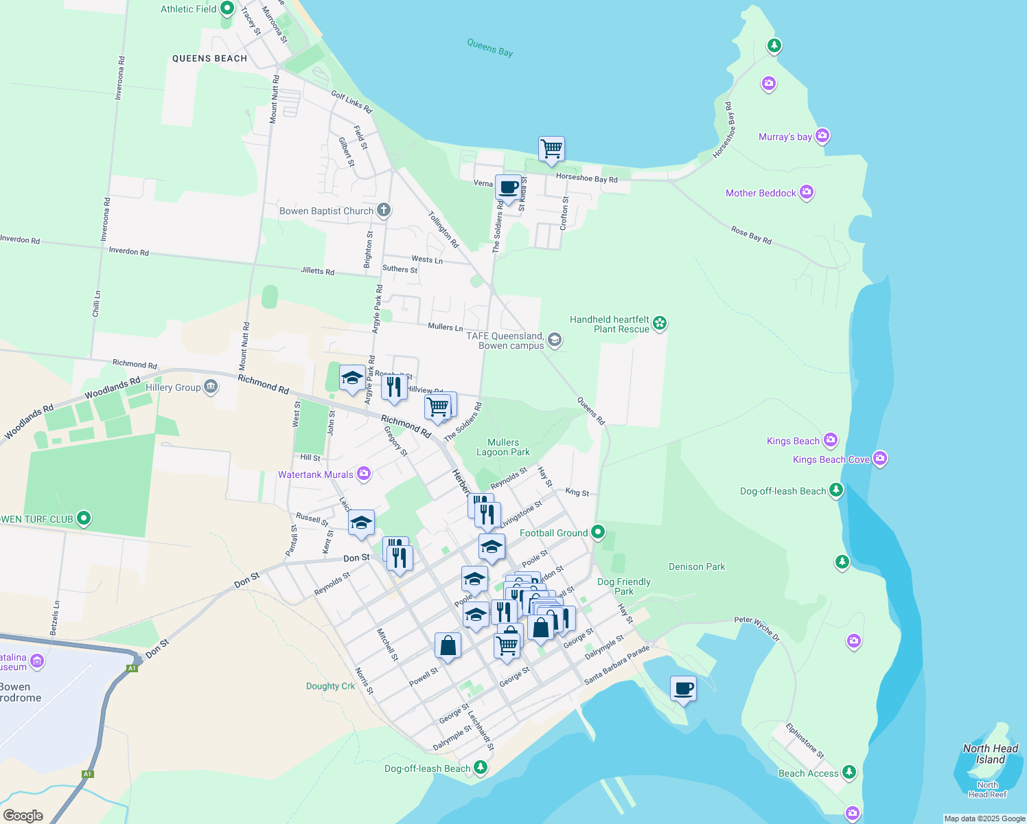 map of restaurants, bars, coffee shops, grocery stores, and more near 41 Hillview Road in Bowen