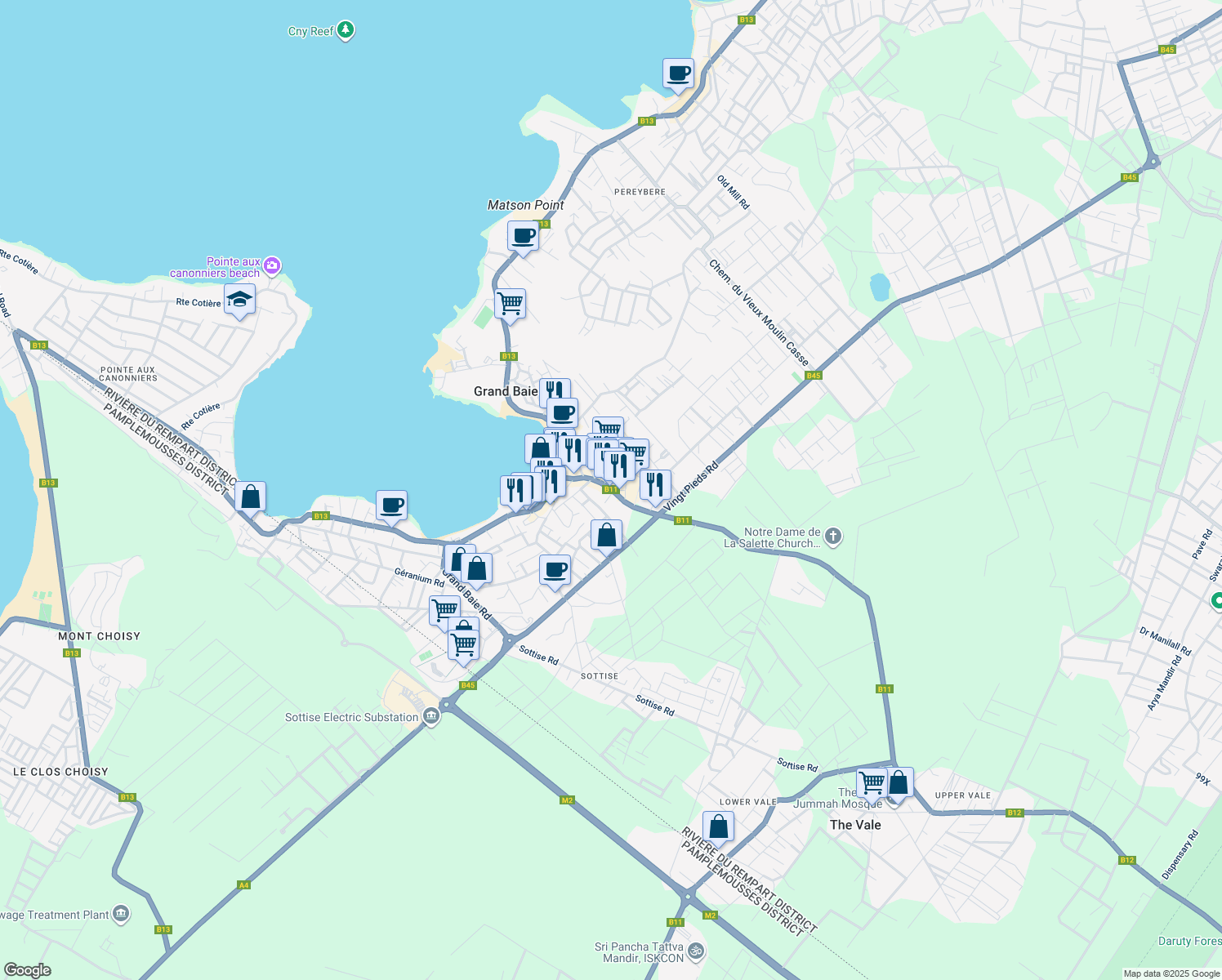 map of restaurants, bars, coffee shops, grocery stores, and more near La Salette Road in Grand Baie
