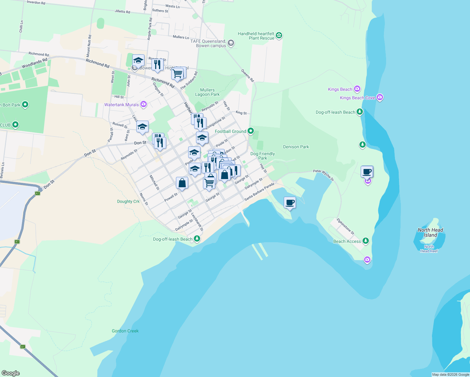 map of restaurants, bars, coffee shops, grocery stores, and more near 13 Herbert Street in Bowen