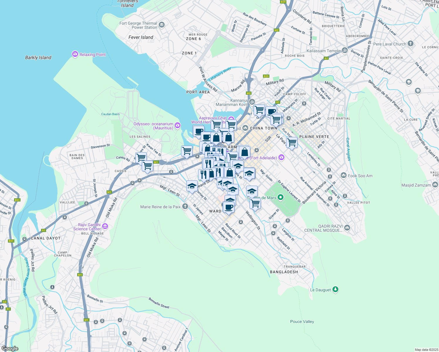map of restaurants, bars, coffee shops, grocery stores, and more near Mere Barthelemy Street in Port Louis