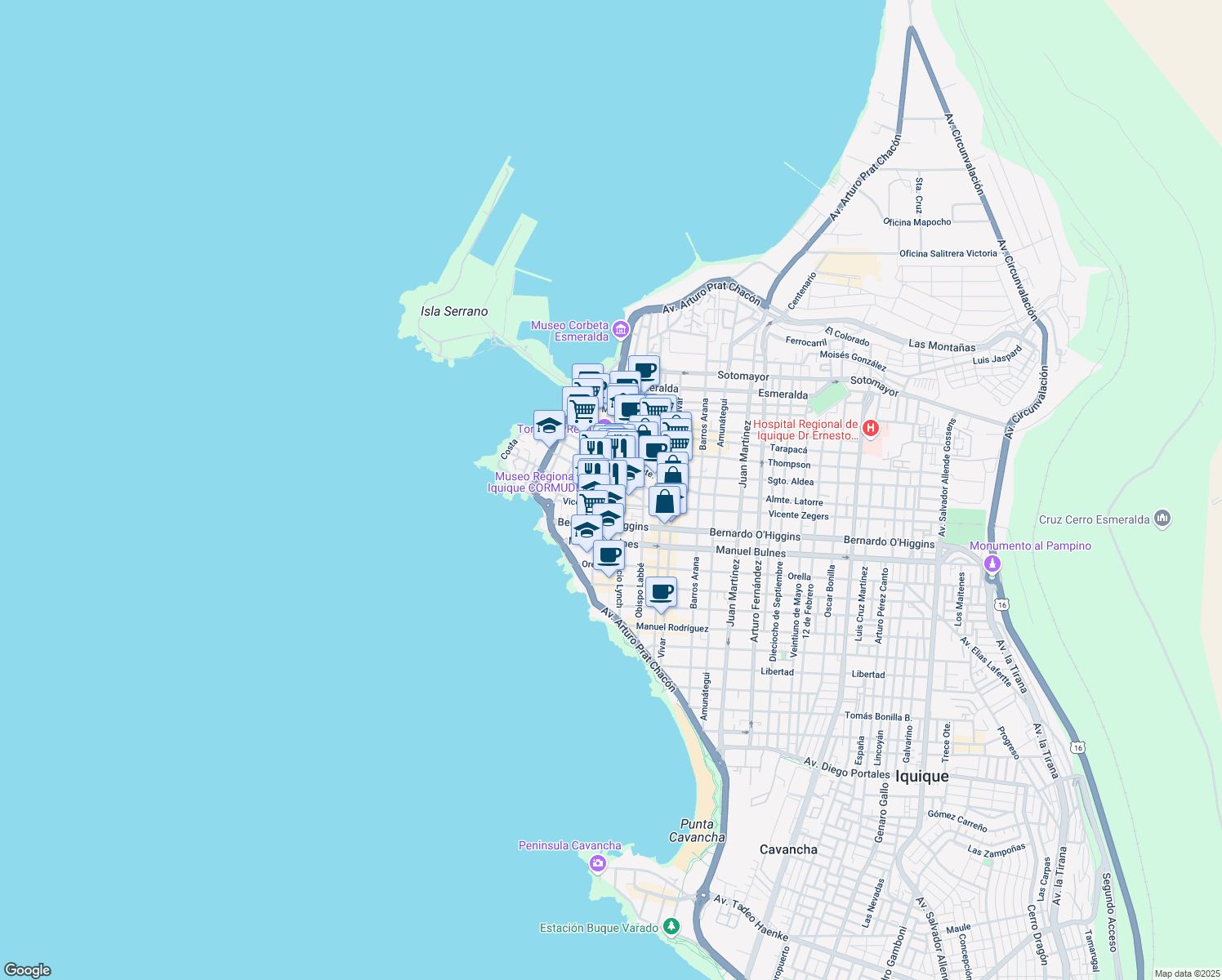 map of restaurants, bars, coffee shops, grocery stores, and more near 946 Baquedano in Iquique
