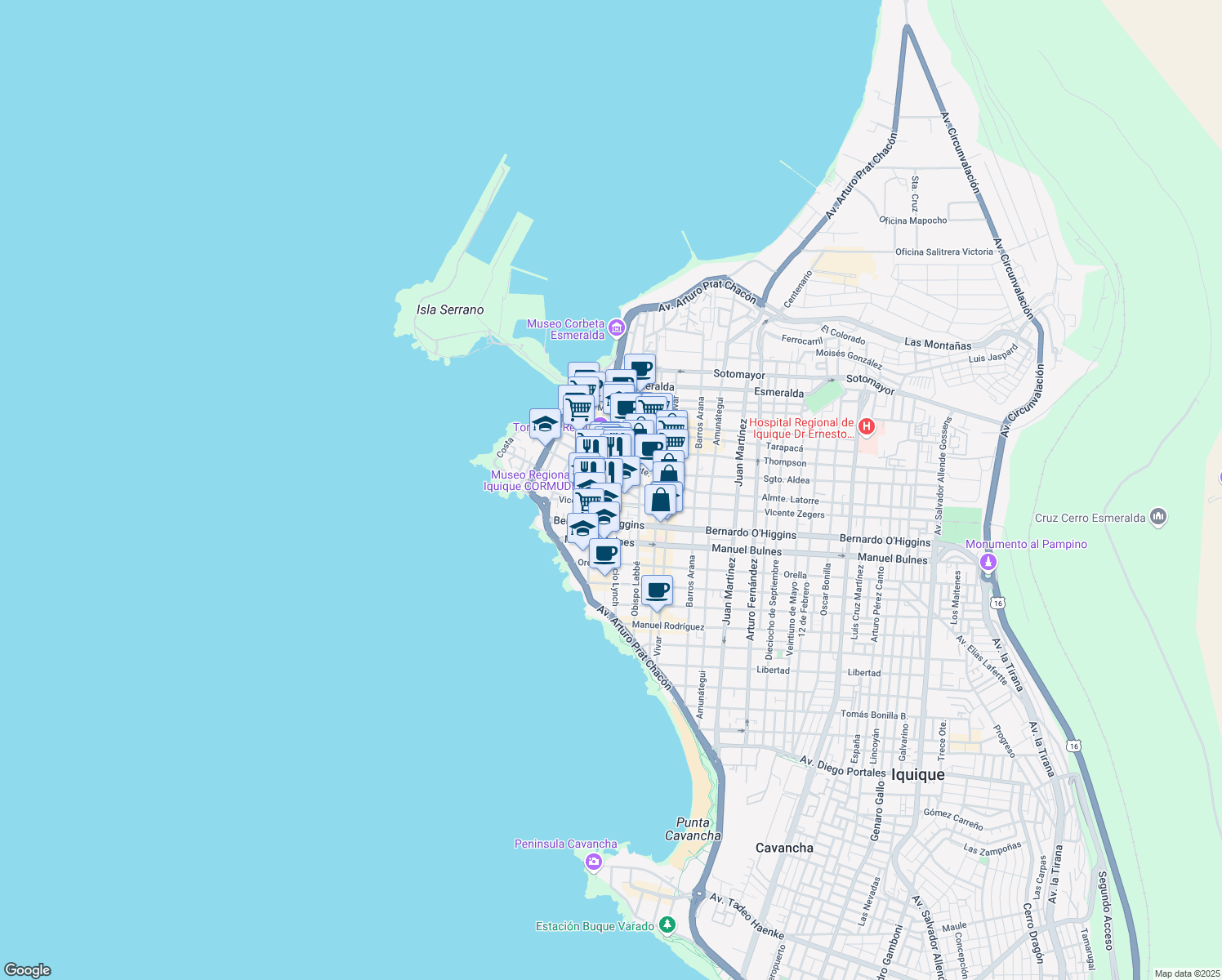 map of restaurants, bars, coffee shops, grocery stores, and more near 946 Baquedano in Iquique