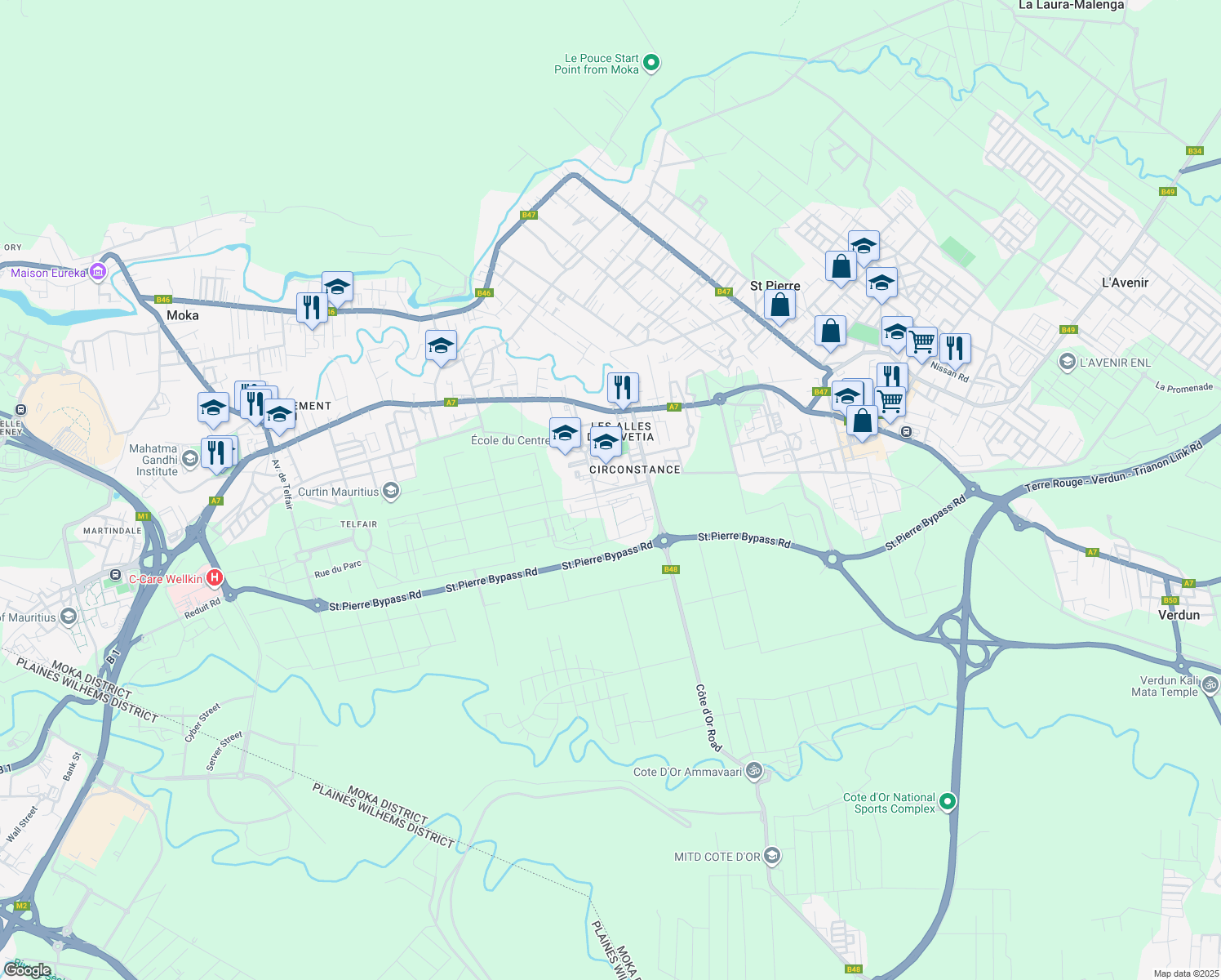 map of restaurants, bars, coffee shops, grocery stores, and more near La Promenade in Moka