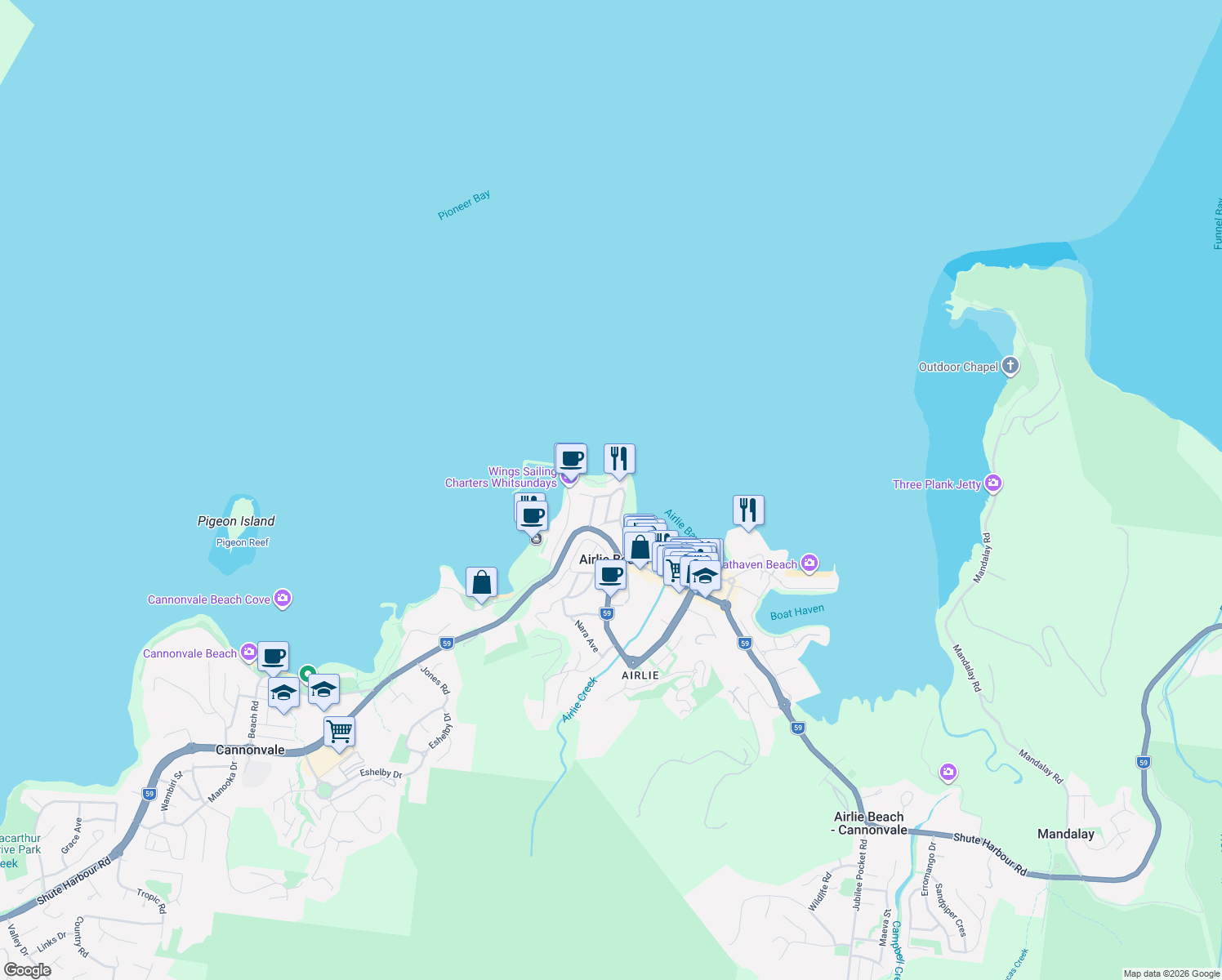 map of restaurants, bars, coffee shops, grocery stores, and more near 19 Ocean View Avenue in Airlie Beach