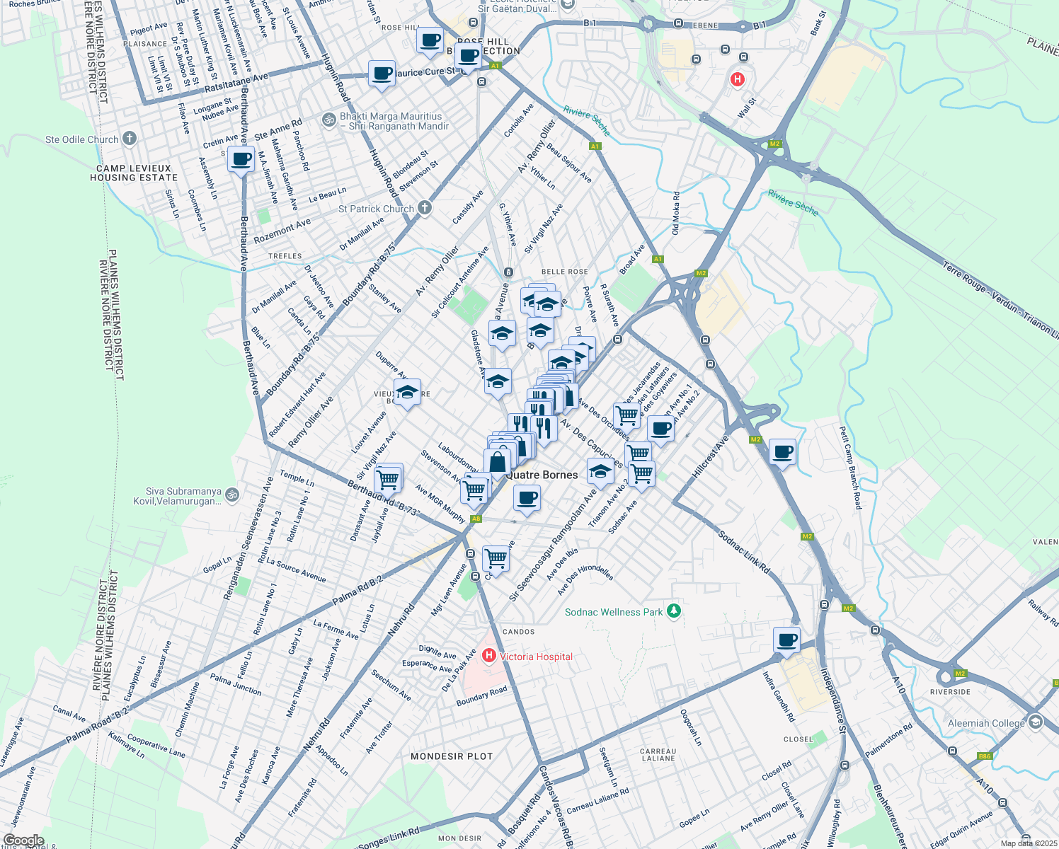 map of restaurants, bars, coffee shops, grocery stores, and more near Osman Avenue in Quatre Bornes