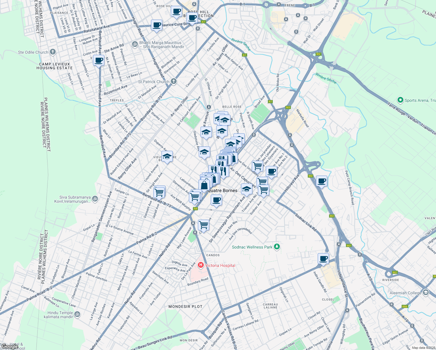 map of restaurants, bars, coffee shops, grocery stores, and more near Saint Jean Road in Quatre Bornes