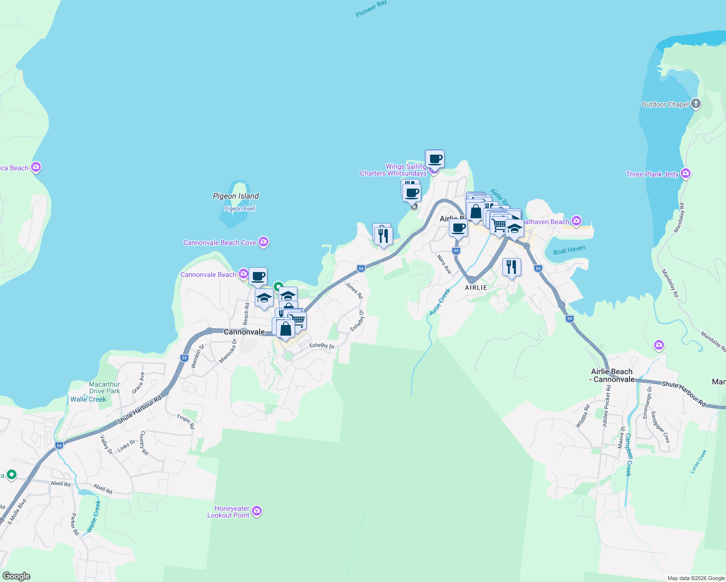 map of restaurants, bars, coffee shops, grocery stores, and more near 11 Jones Road in Cannonvale