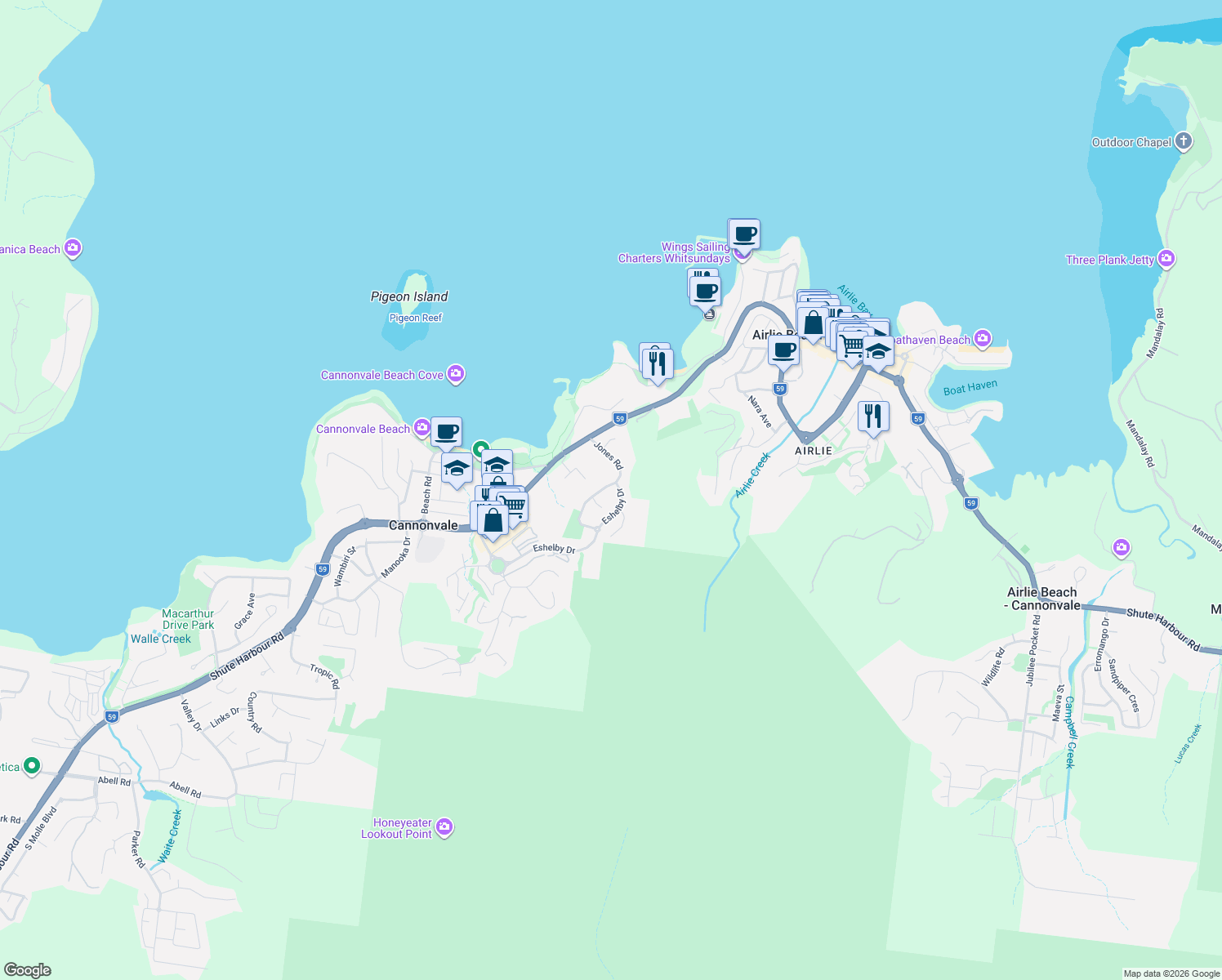 map of restaurants, bars, coffee shops, grocery stores, and more near 31 Jones Road in Cannonvale