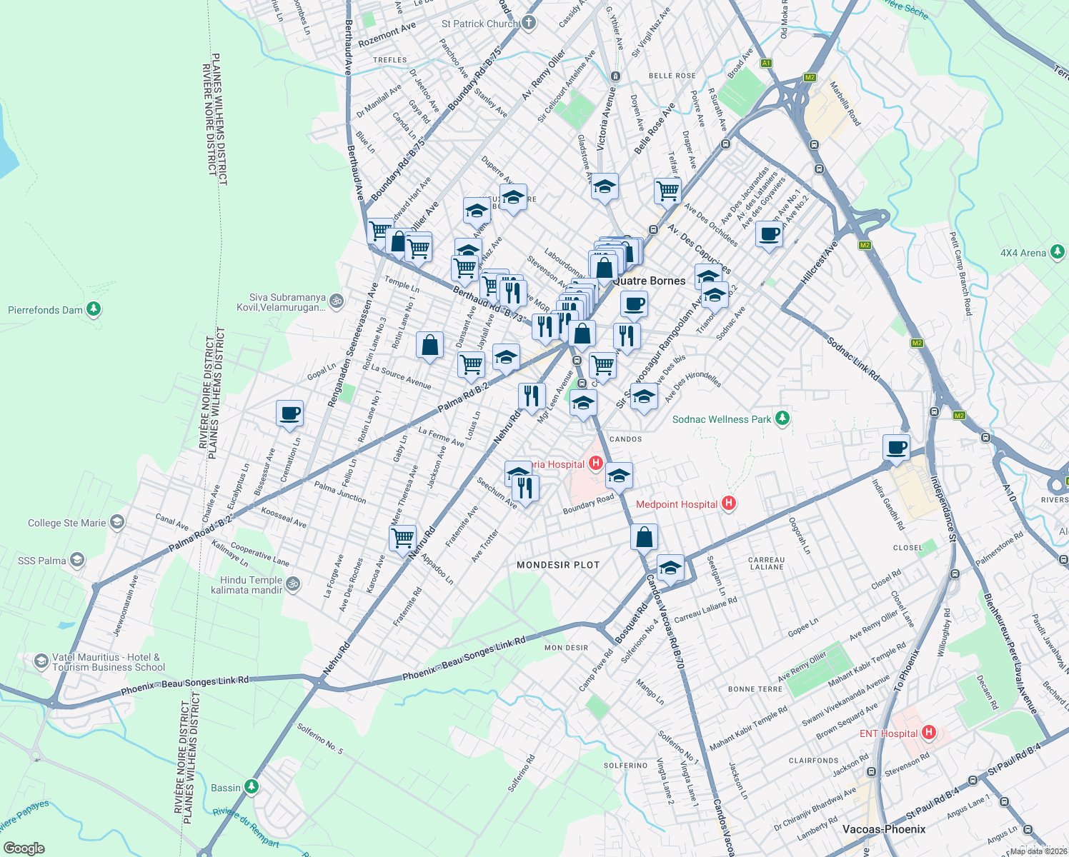 map of restaurants, bars, coffee shops, grocery stores, and more near Monseigneur Leen Avenue in Quatre Bornes