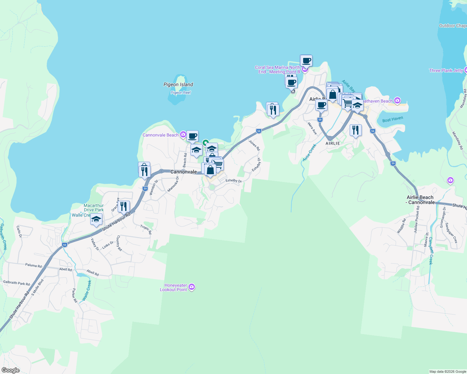 map of restaurants, bars, coffee shops, grocery stores, and more near 17 Woodwark Crescent in Cannonvale