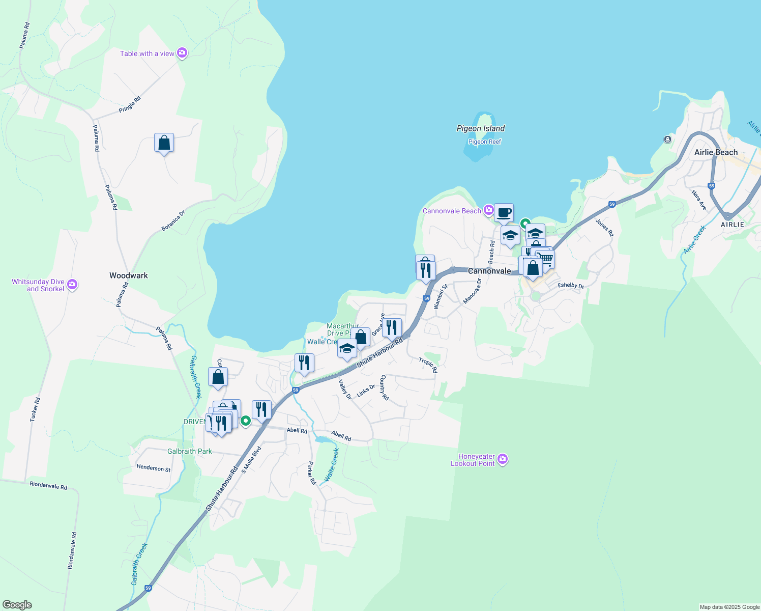 map of restaurants, bars, coffee shops, grocery stores, and more near 48 MacArthur Drive in Cannonvale
