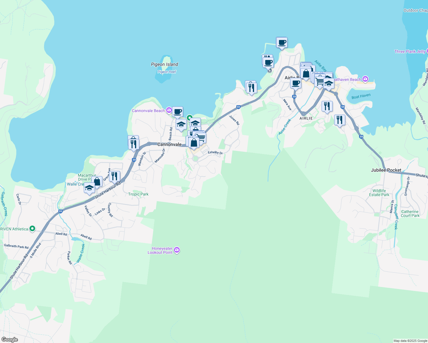 map of restaurants, bars, coffee shops, grocery stores, and more near 11 Macona Crescent in Cannonvale