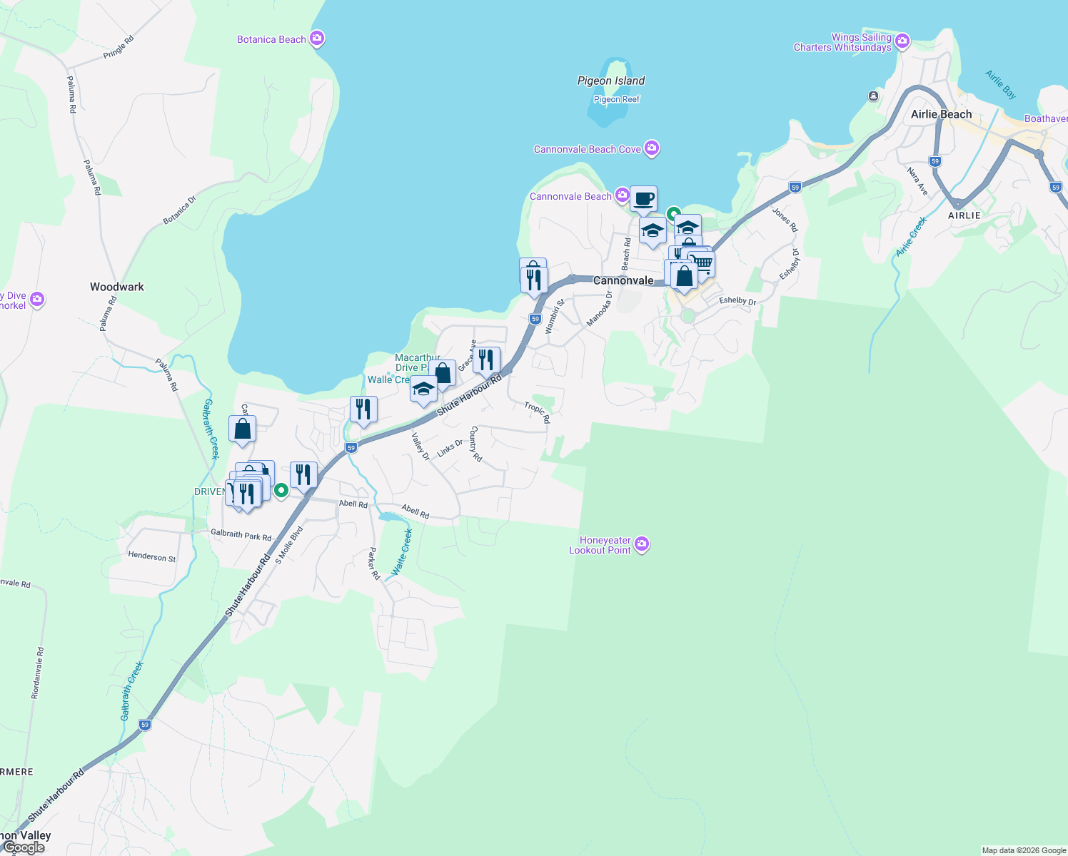 map of restaurants, bars, coffee shops, grocery stores, and more near 6 Country Road in Cannonvale