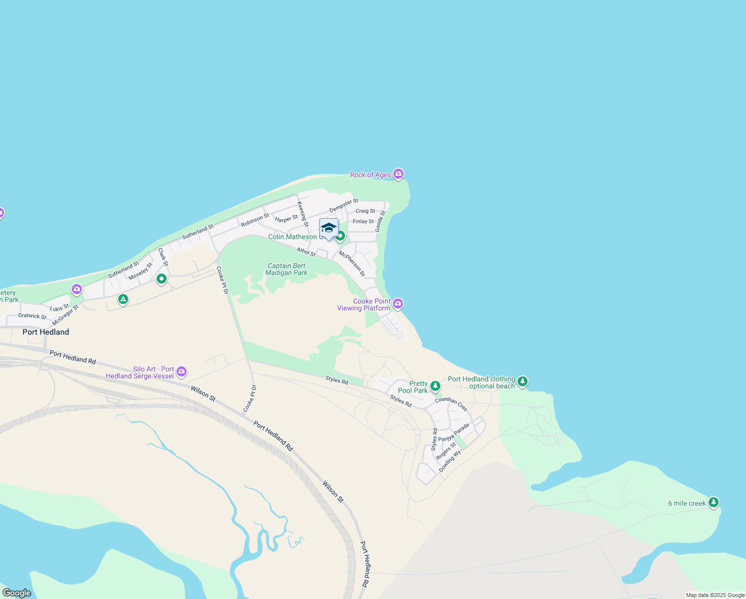 map of restaurants, bars, coffee shops, grocery stores, and more near 193 Athol Street in Port Hedland