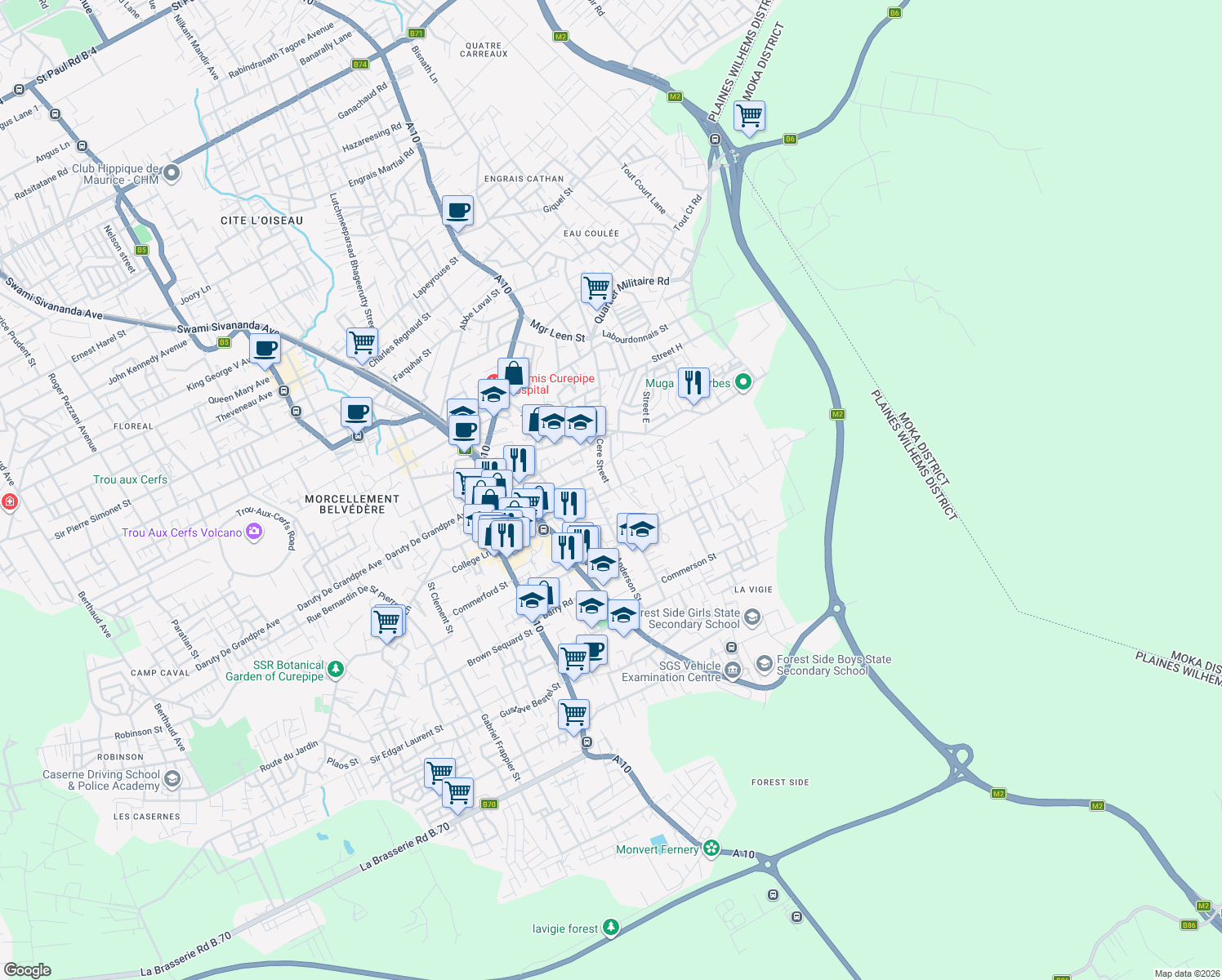 map of restaurants, bars, coffee shops, grocery stores, and more near Leclezio Street in Curepipe