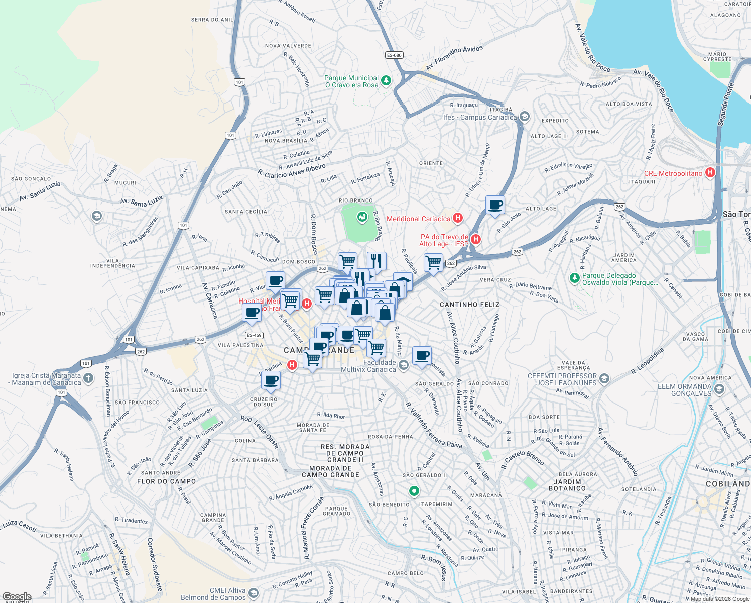 map of restaurants, bars, coffee shops, grocery stores, and more near 13 Rua Augusto Bergami in Cariacica